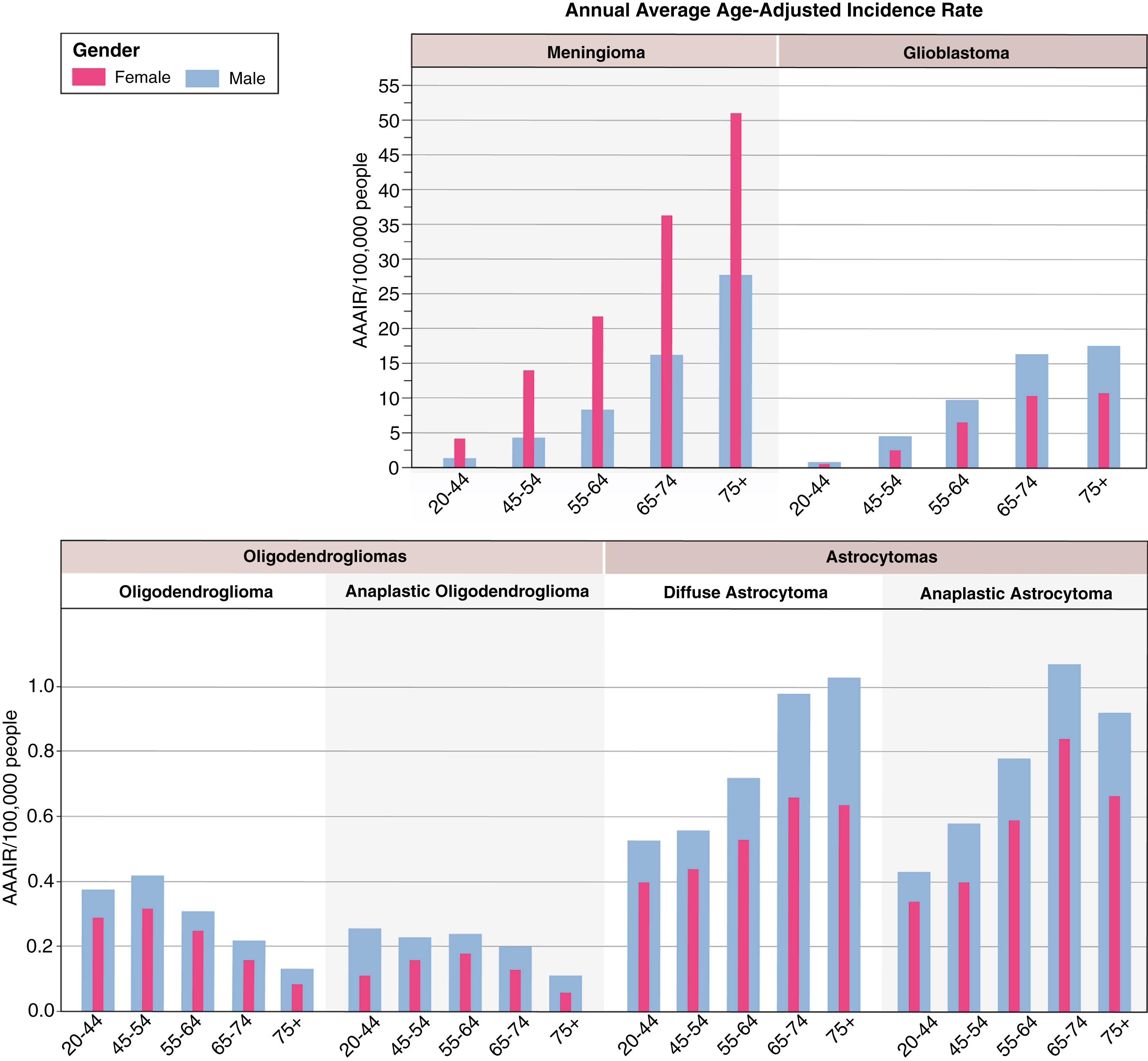 Figure 142.2, Average annual age-adjusted incidence (AAAIR) and relative survival data for glioma and meningioma by Central Brain Tumor Registry of the United States (CBTRUS) histology.