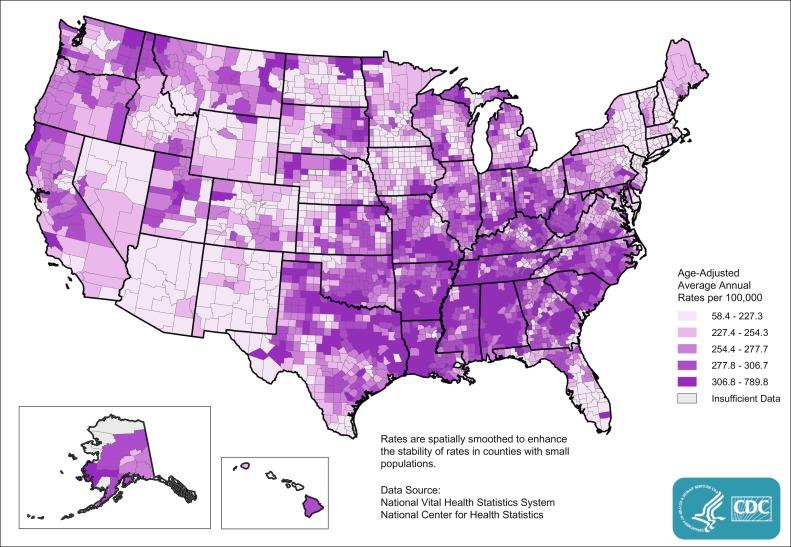 Fig. 28.1, Stroke death rates, 2013 to 2015, for adults aged 65 and over by county.