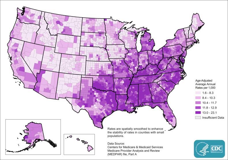 Fig. 28.2, Stroke hospitalization rates, 2012 to 2014, for Medicare recipients aged 65 + by county.