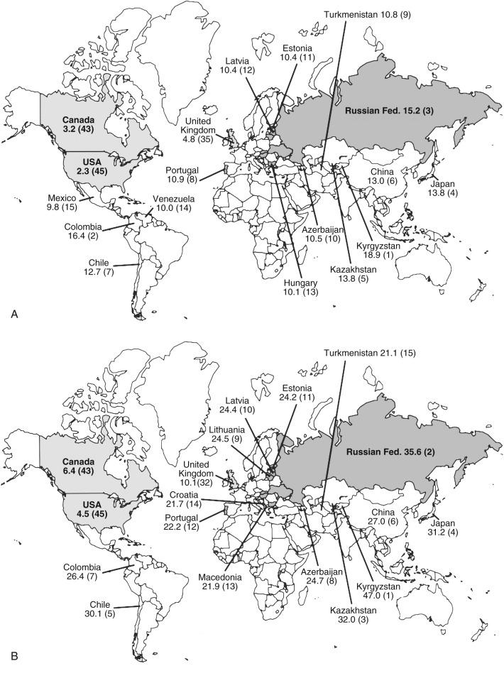 eFig. 54.2, Age-adjusted (to World Health Organization world standard population) death rates for gastric cancer from 2000 in 45 countries for males (A) and females (B). Rates in the United States, Canada, and United Kingdom are compared with selected countries, including the 15 countries with the highest death rates.