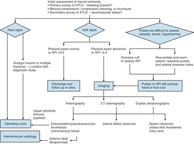 Fig. 16.1, Approach to the patient with suspected extremity vascular injury.