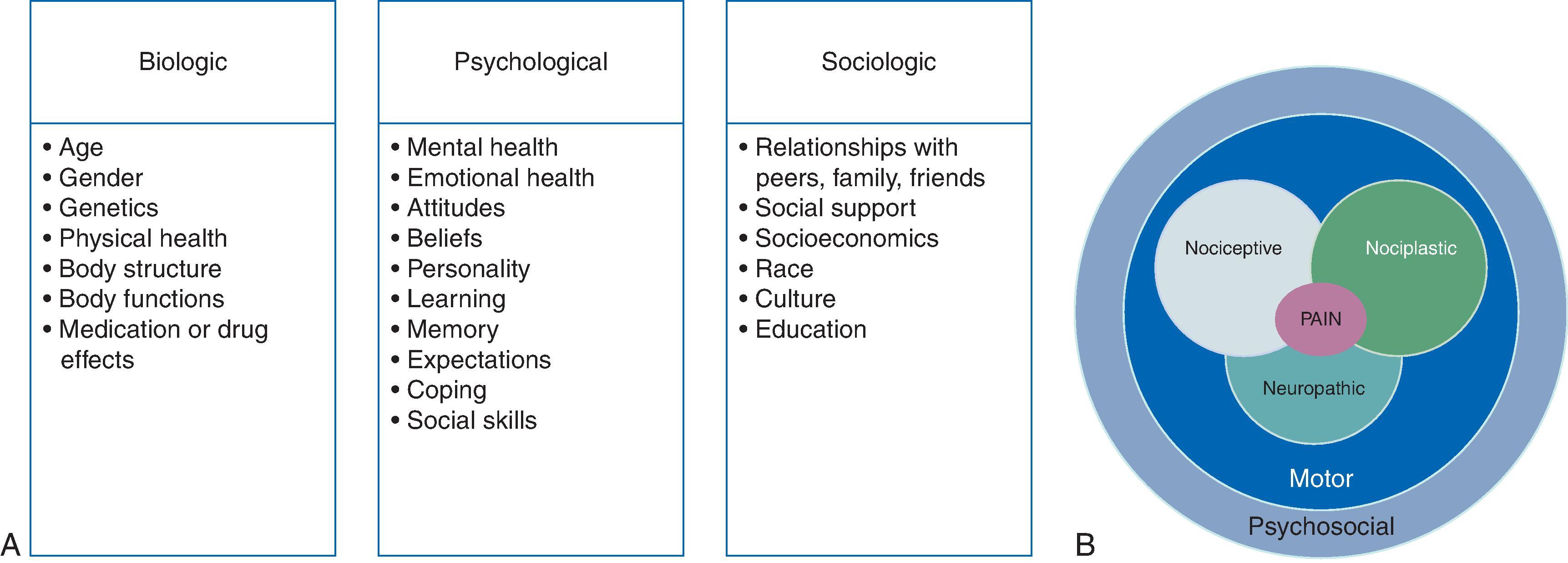 Figure 59.1, A, Biopsychosocial factors to consider in pain management. B, Biopsychosocial Model: Adapted from Chimenti RL, et al. (2018). 1