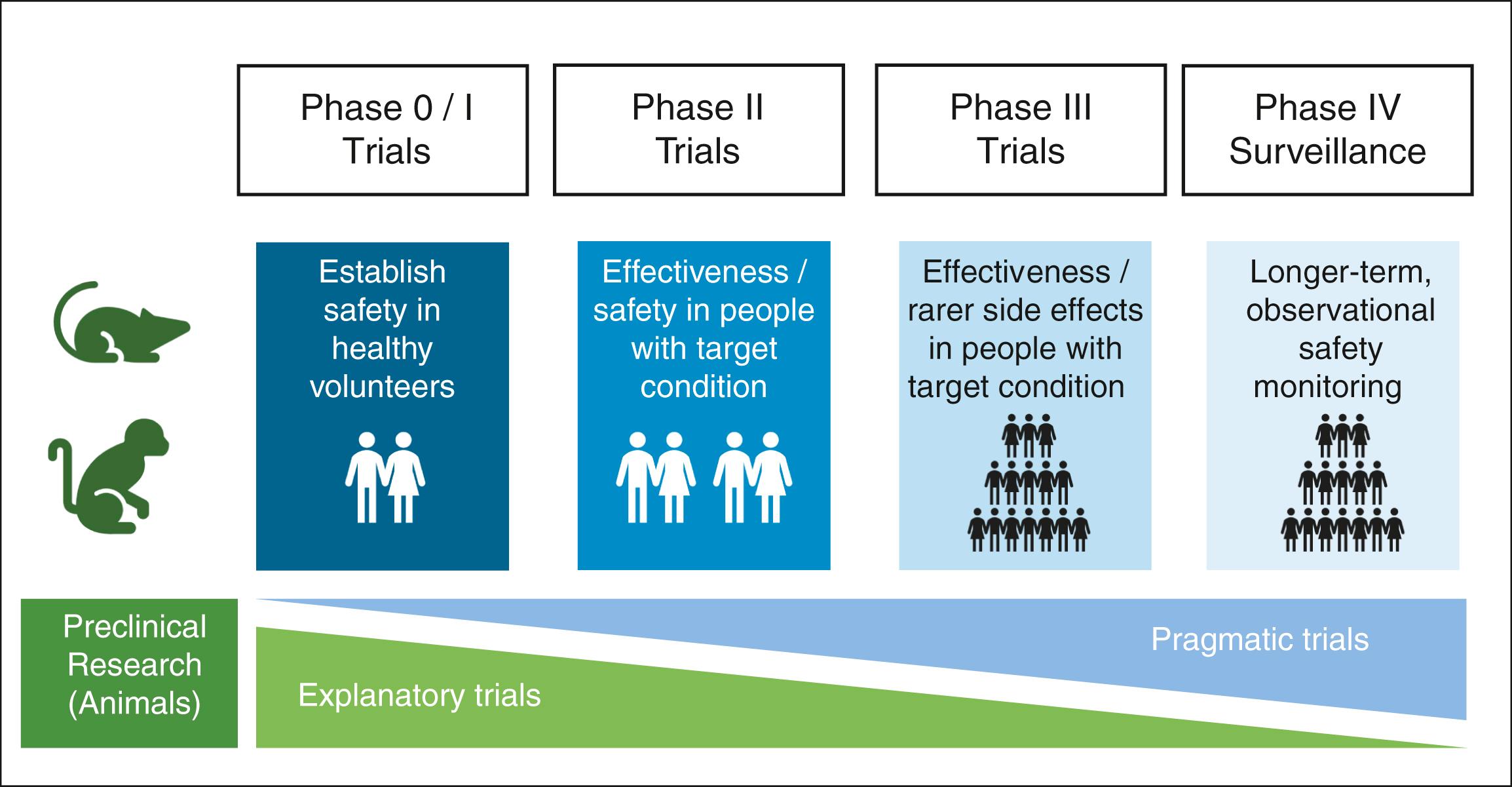 Fig. 3.4, Phases and stages of clinical trials.