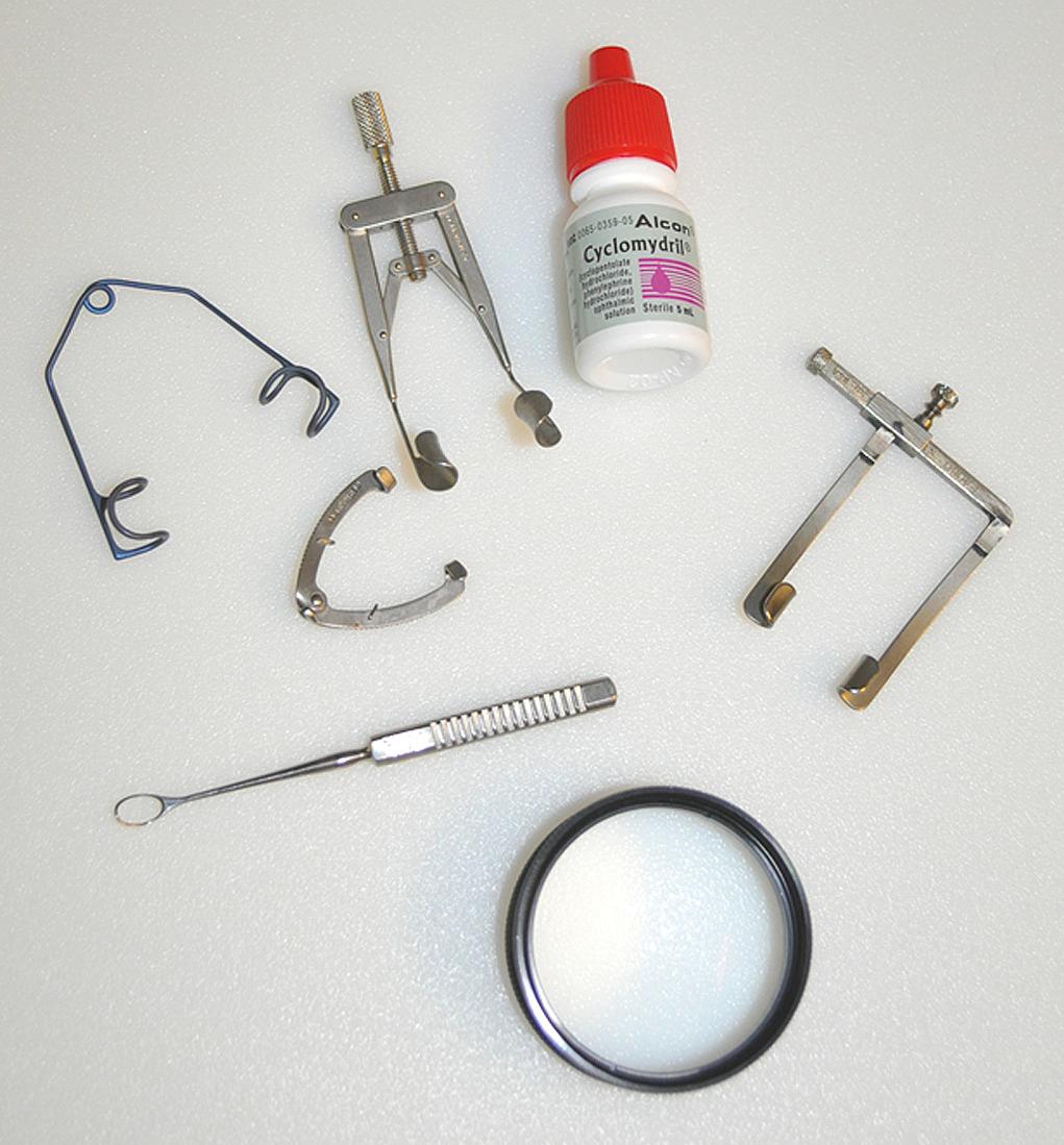 Fig. 95.1, Basic equipment for ocular examination: Various types of eyelid specula to keep the eyelids open, scleral depressor to gently move the eye around, cyclomydril eye drops for dilation (1.25% phenylephrine [ophthalmic], 0.25% cyclopentolate [ophthalmic]), and a 20 or 28 diopter magnifying lens.