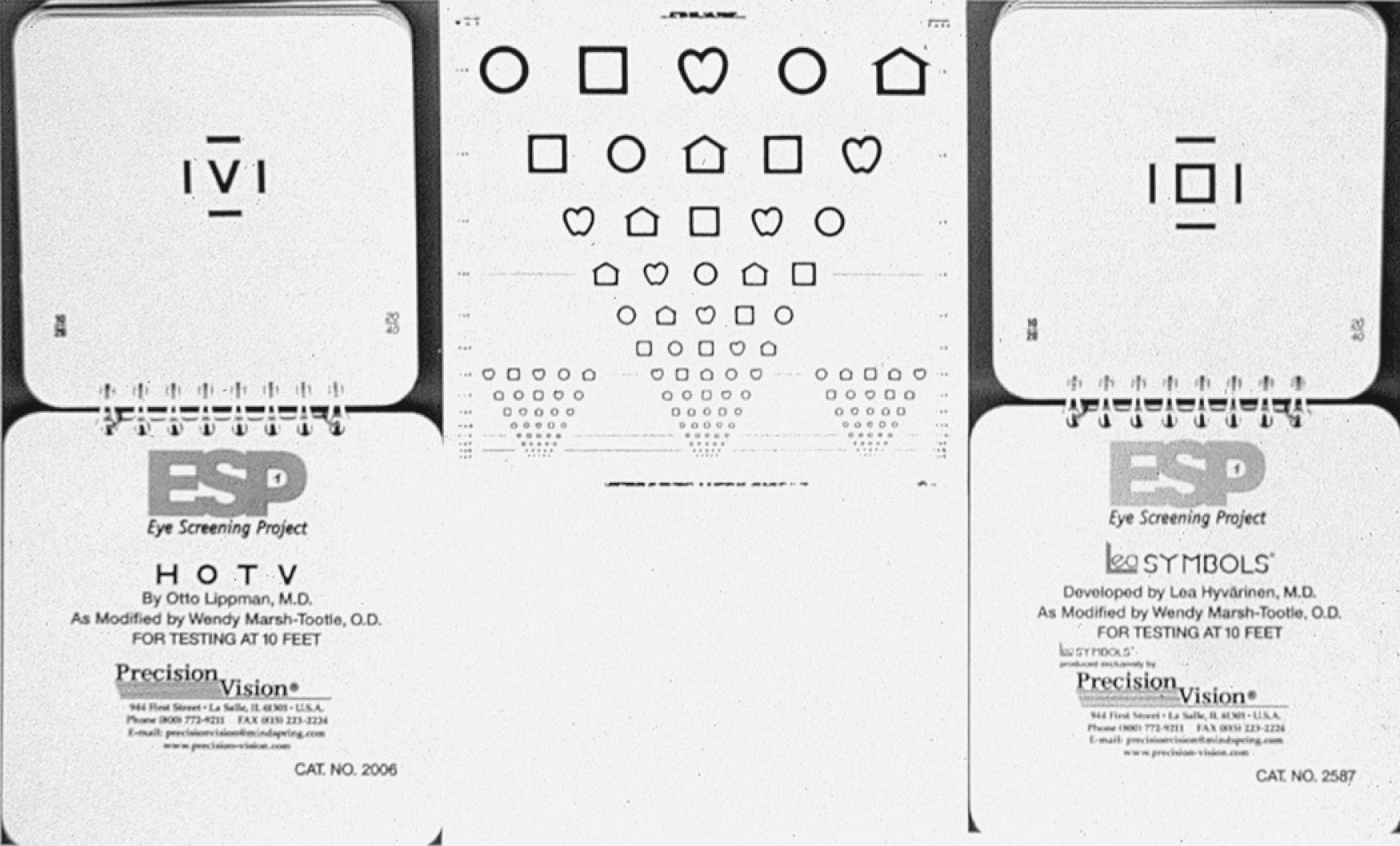 Fig. 43.3, The Lea symbols in chart format (middle) and the Lea symbols and HOTV tests with crowding bars (right and left). All tests should be administered at a distance of 10 feet.