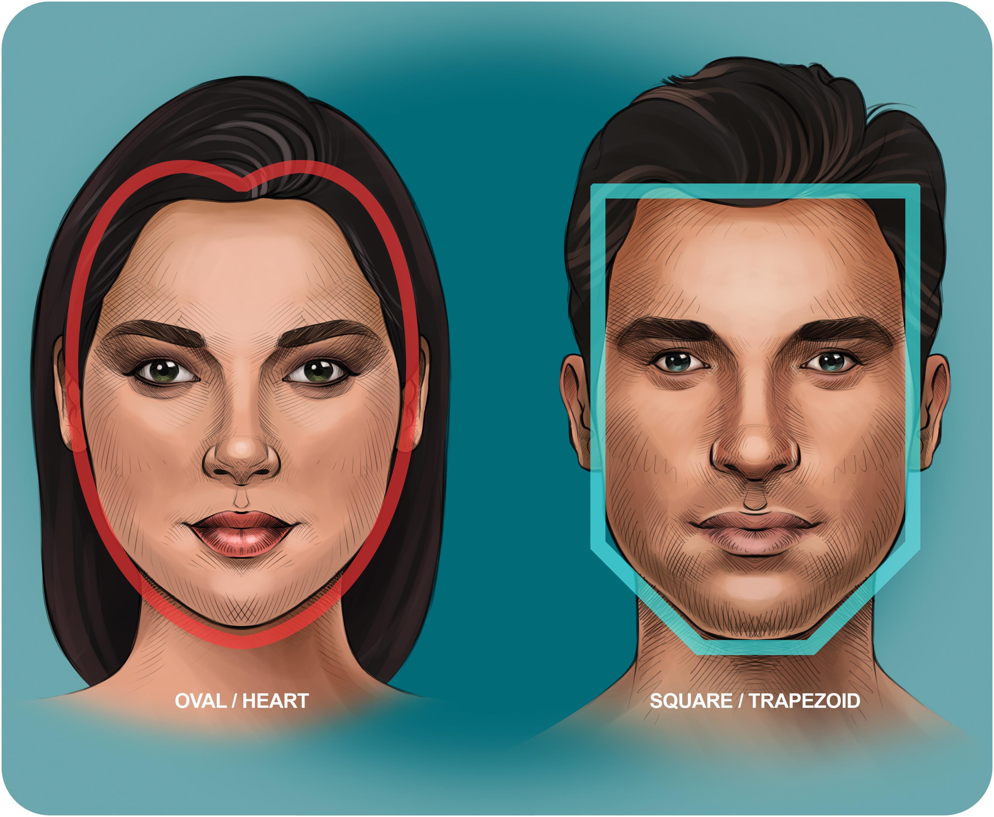 Fig. 10.2, Facial shape differences in males and females. Females are more oval and heart shaped and males are more square and trapezoid.