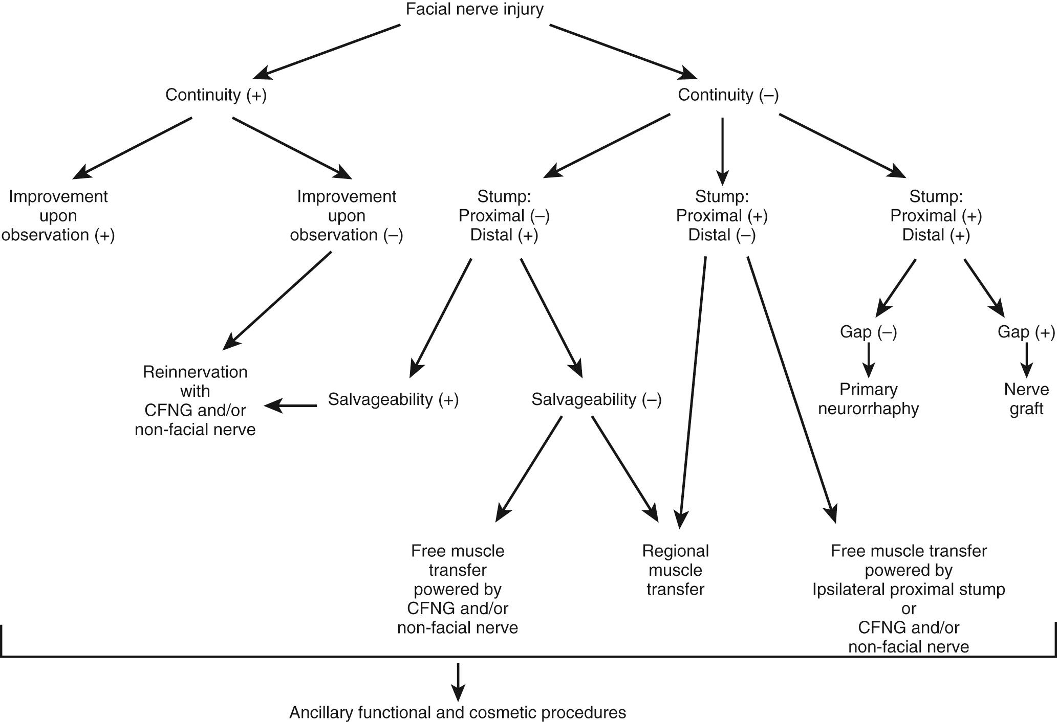 Fig. 50.1, Management of facial nerve injury. CNFG, cross facial nerve graft.