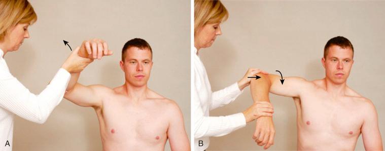 FIG. 50.3, The crank test for superior labral pathology. The arm is elevated to 160 degrees in the scapular plane, and axial compression is applied while the examiner rotates the shoulder through full (A) external and (B) internal rotation. A positive test is indicated by pain, an audible or palpable click, or apprehension.