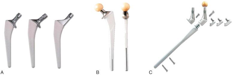 Fig. 101.1, The Corail Hip System for revision surgery. (A) The standard Corail series, with different offsets. (B) The KAR implant, with a collar support and 2 distal slots. (C) The REEF prosthesis, with different modular components and distal interlocking screws.