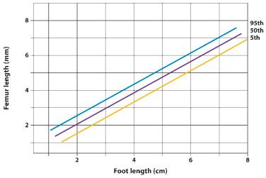 FIG 11-27, Relationship between femur length (mm) and foot length (cm).