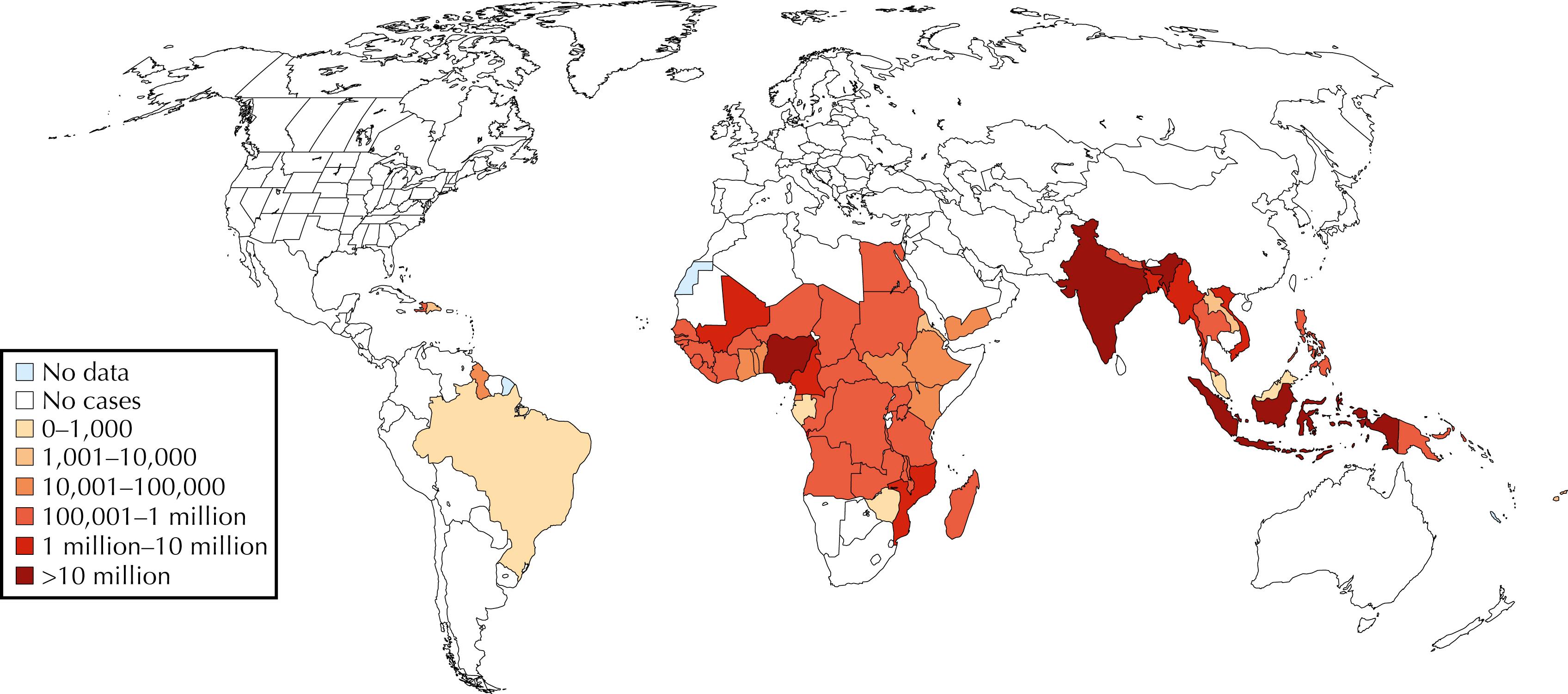 Fig. 84.1, Epidemiology of lymphatic filariasis and presence of mass drug administration programs.