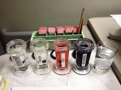 Figure 20-1, Example of on-site fixative and stain set-up for both the Papanicolaou and Diff-Quik ® stains. The smears intended for Papanicolaou staining are fixed in a 95% ethanol alcohol solution. The air-dried smears are fixed in methanol and stained with the Diff-Quik ® stain.