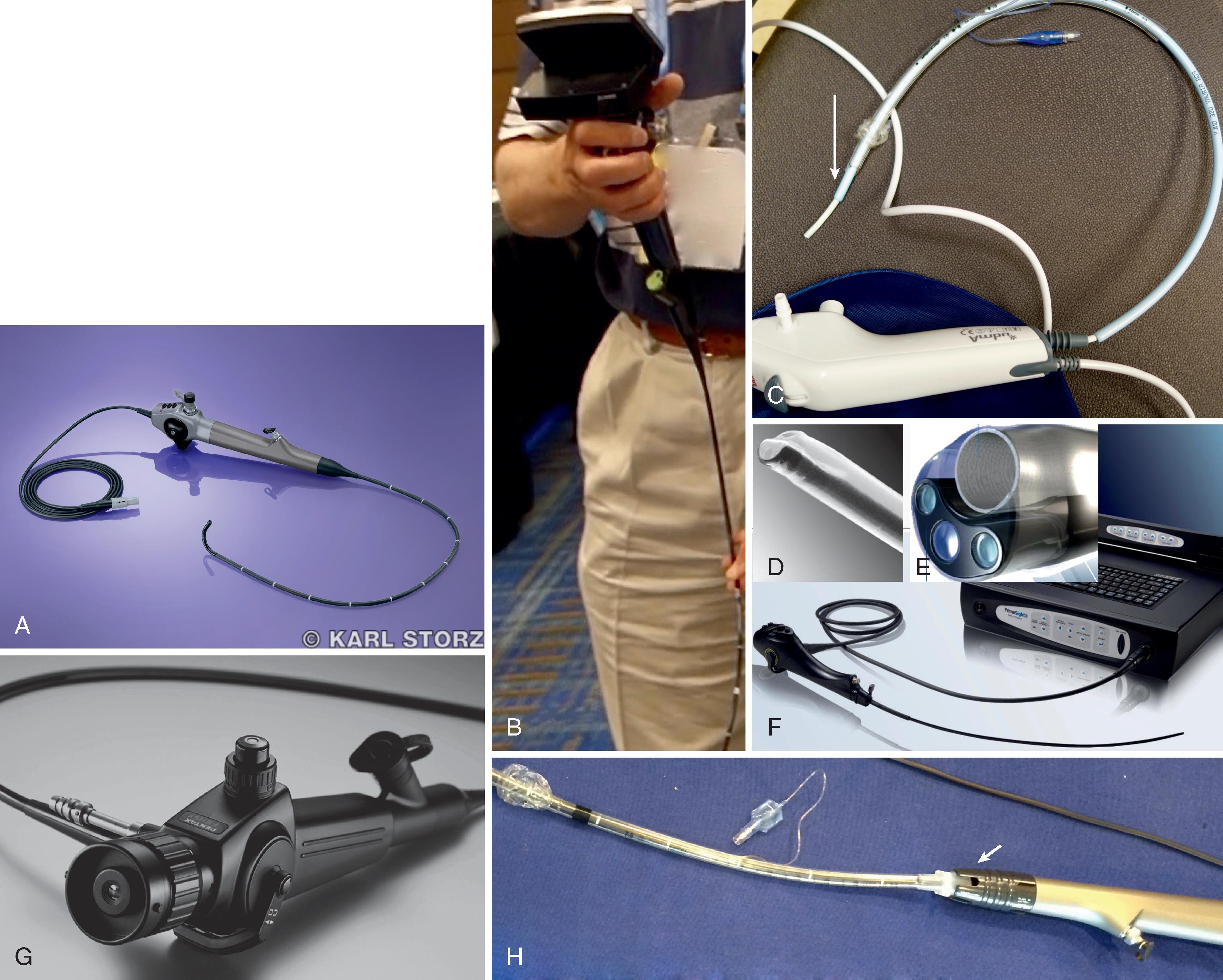 Fig. 24.1, (A) Heat-treated flexible intubation scope (FIS) for smoother endotracheal tube passage (Karl Storz GmbH & Co. KG, Tuttlingen, Germany); (B) Olympus MAF—completely portable, autoclavable FIS (Olympus America, Center Valley, PA); (C) Ambu disposable FIS (Ambu A/S, Ballerup, Denmark) with an Aintree catheter (Cook Medical Inc., Bloomington, IN), to reduce diameter difference between an endotracheal tube and the FIS; (D) Cogentix disposable sheath cover; (E) FIS tip of its insertion tube; (F) nondisposable FIS equipment (Cogentix Medical, Minnetonka, MN); (G) Pentax FIS (Pentax Medical, Montvale, NJ); (H) FIS with an endotracheal tube holder.