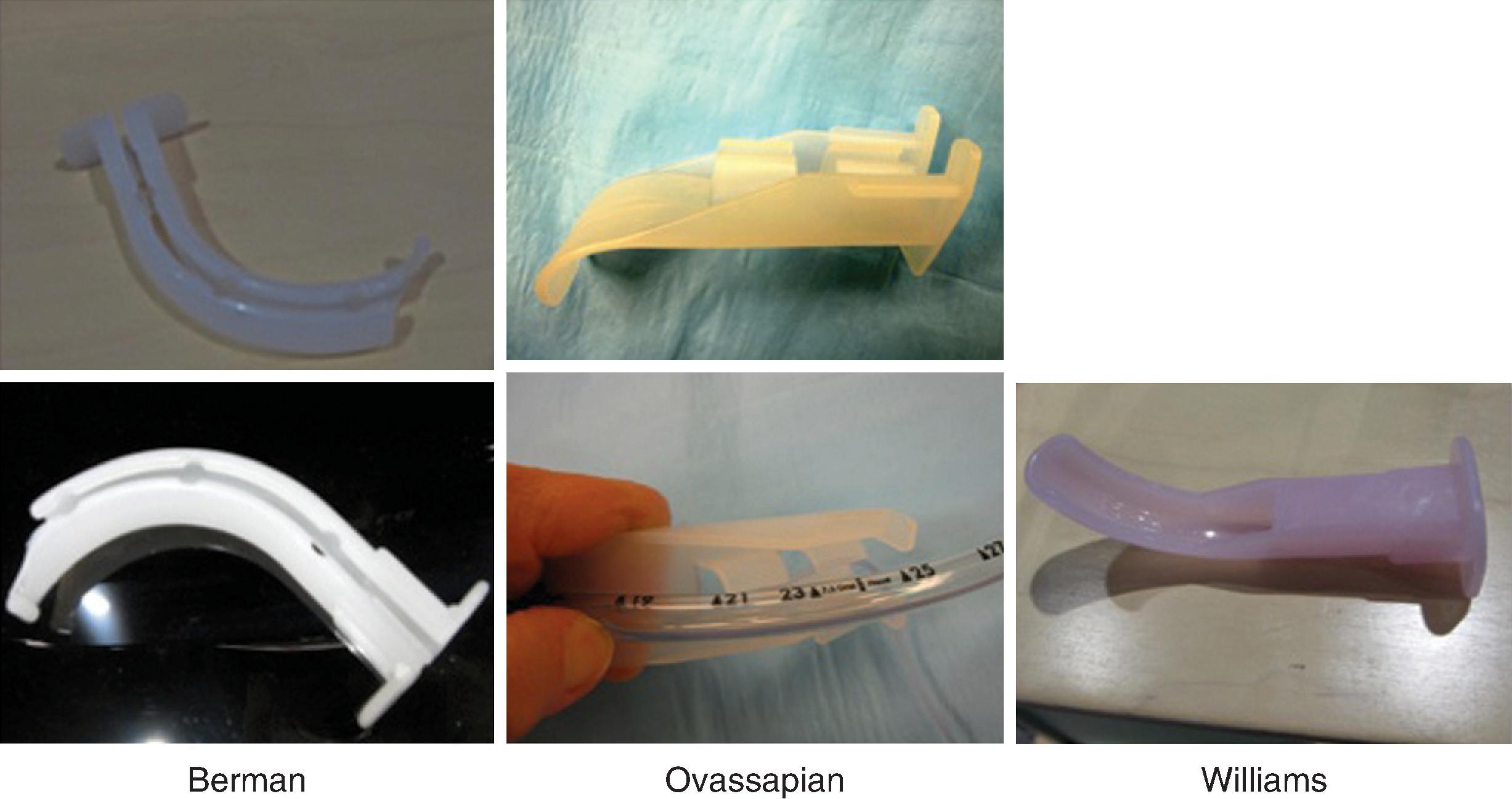 Fig. 24.11, From left to right, Berman intubating pharyngeal airway (Teleflex Medical Research, Triangle Park, NC); Ovassapian intubating airway (Teleflex Medical Research, Triangle Park, NC); and Williams airway intubator (SunMed Medical Systems LLC, Grand Rapids, MI).