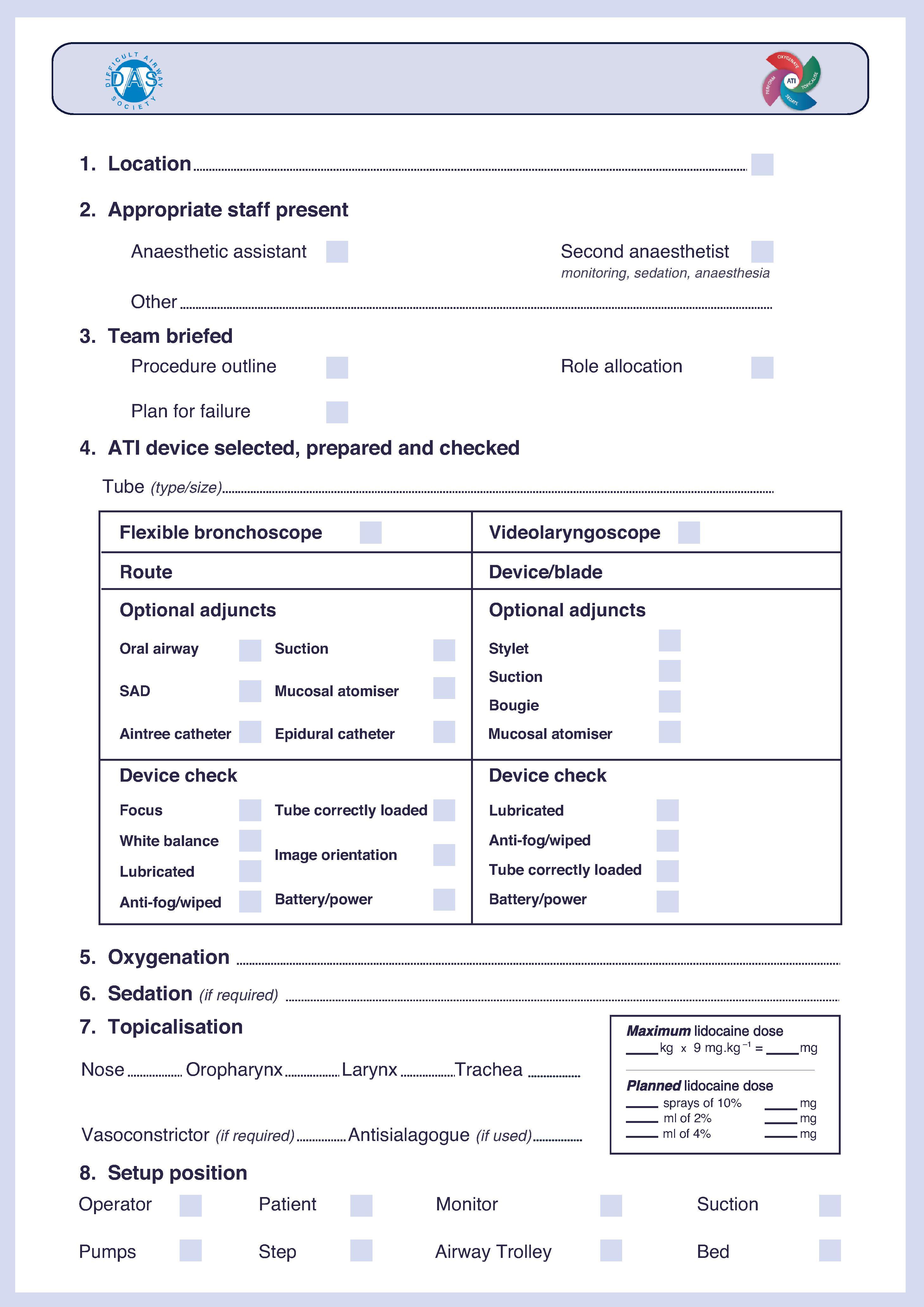 Fig. 24.23, Example of a checklist for awake tracheal intubation produced by the Difficult Airway Society.