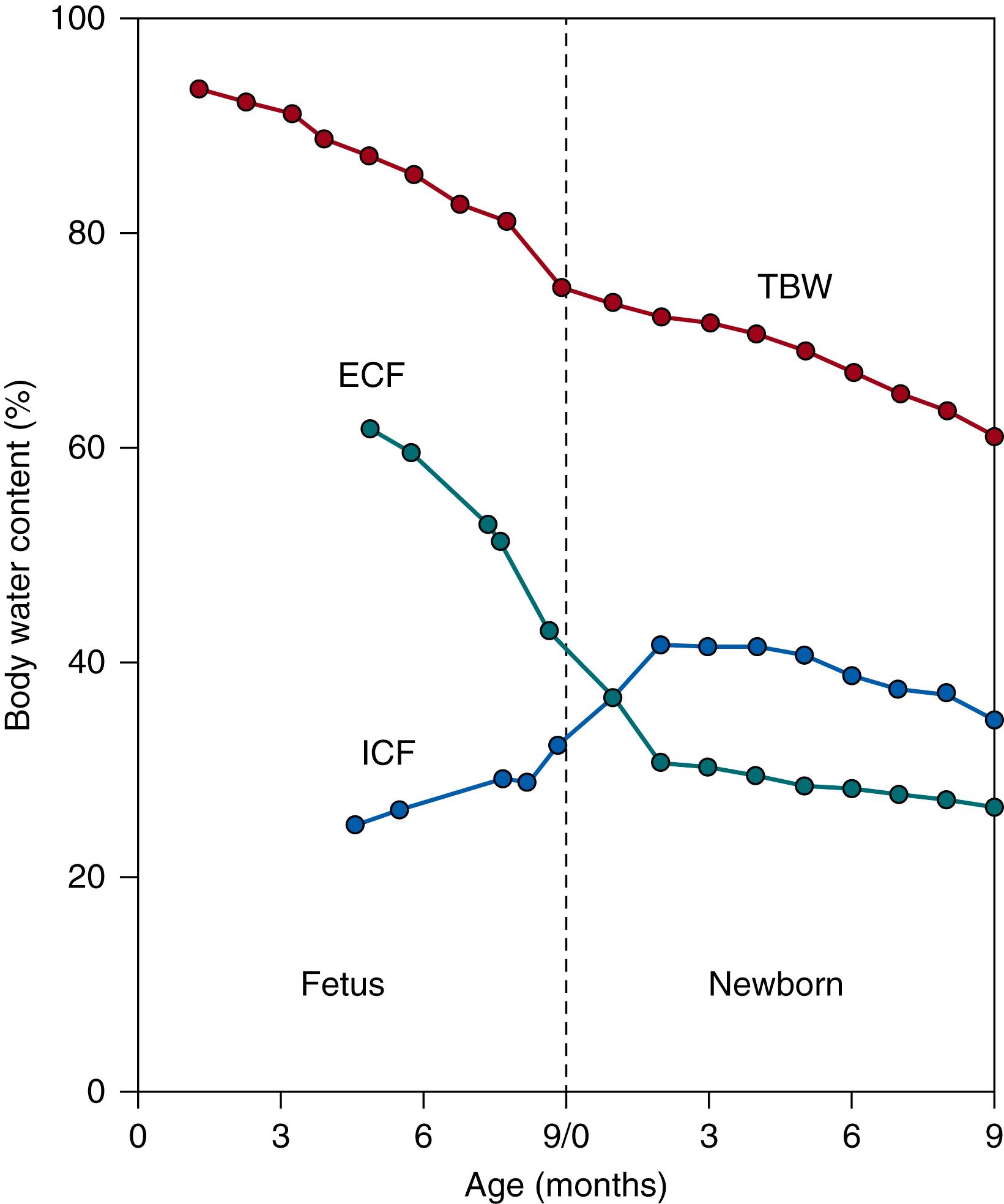 Fig. 105.5, Total body water (TBW) content and fluid distribution between intracellular fluid (ICF) and extracellular fluid (ECF) compartments in humans during fetal and neonatal development and during the first 9 months after birth.