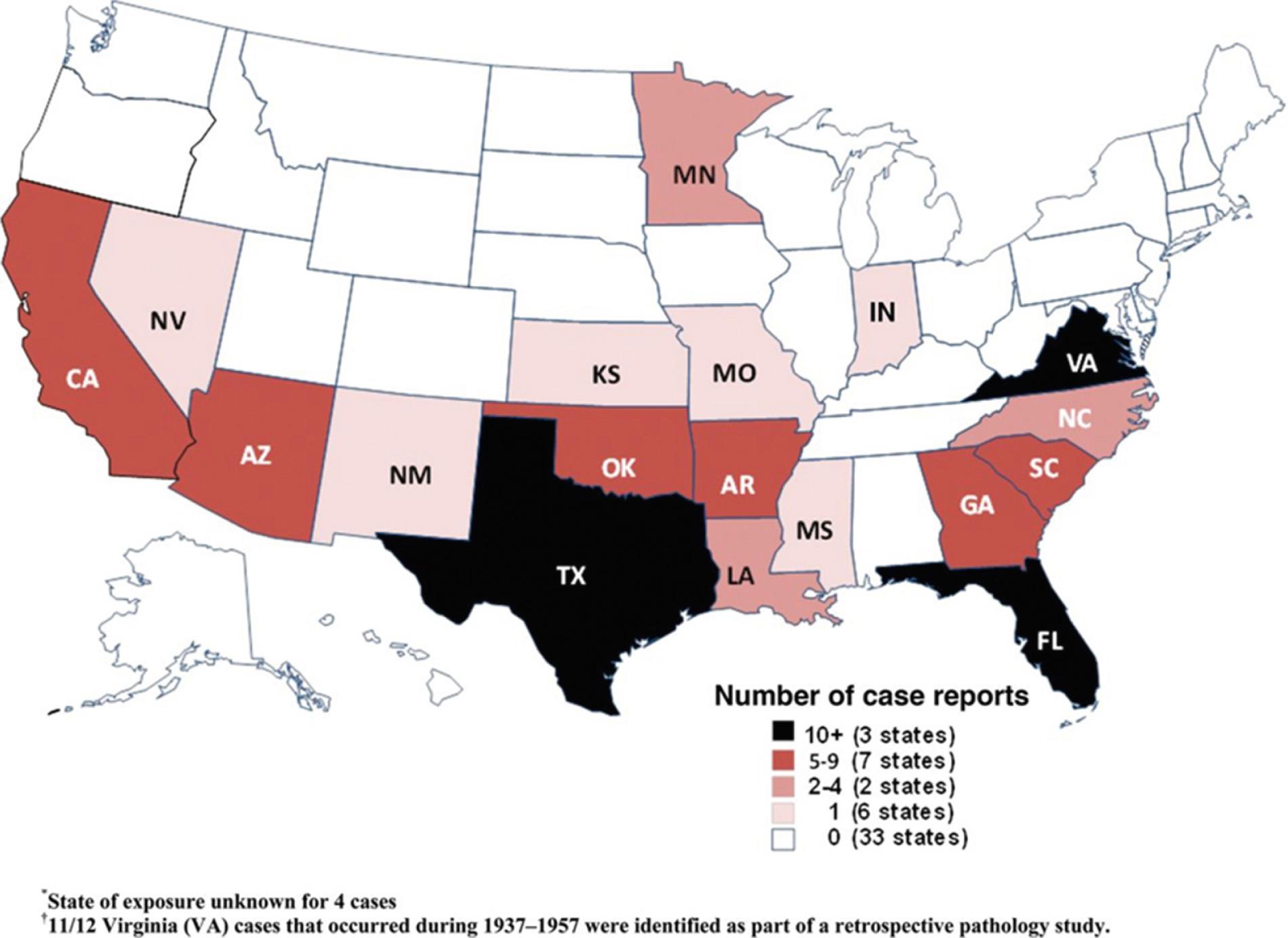 FIG. 273.8, Number of case reports of Naegleria fowleri meningitis ( N = 142) by state of exposure. 29