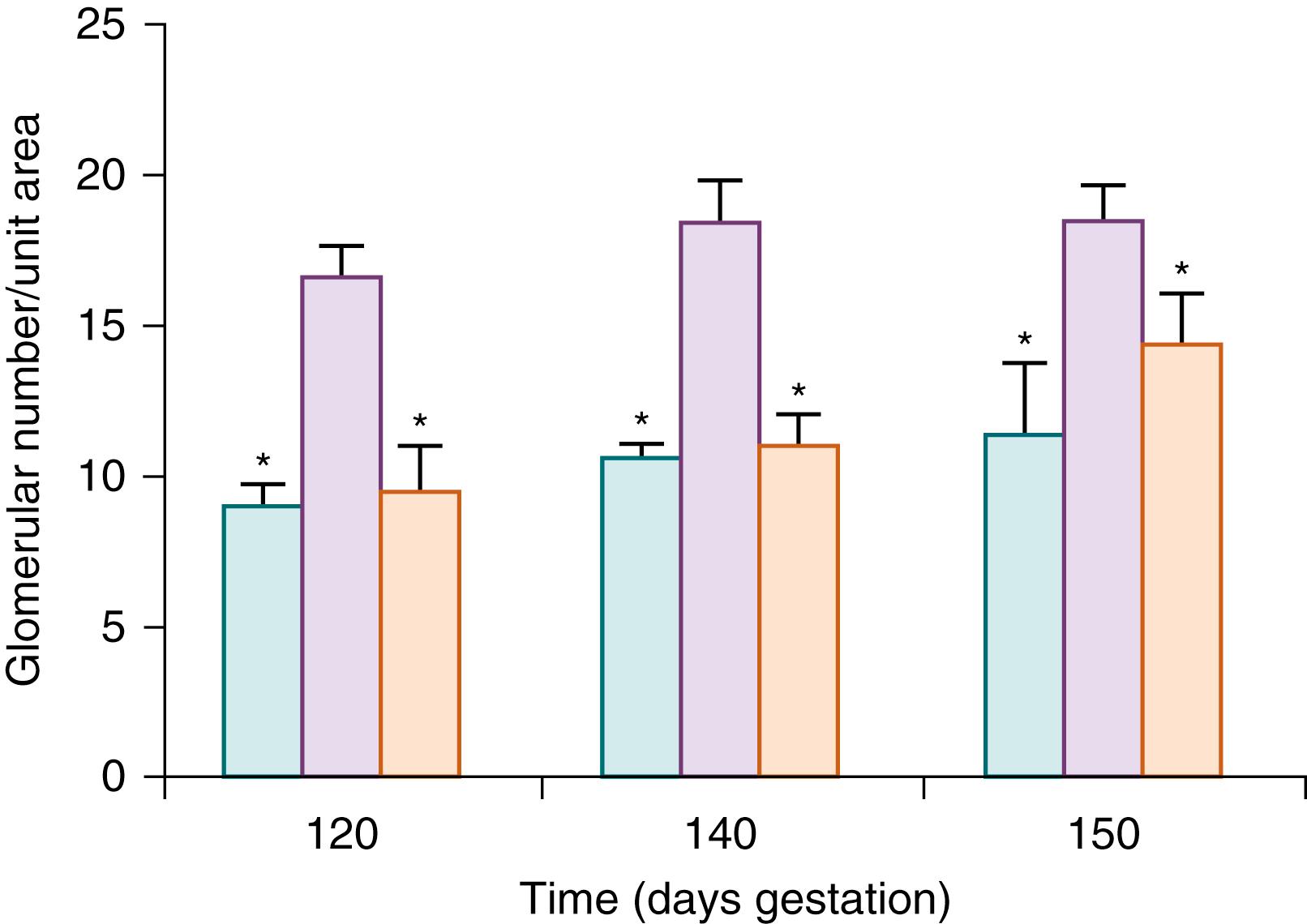 Fig. 94.5, Reduction of nephron number due to congenital urinary tract obstruction. In utero unilateral ureteric obstruction in fetal non-human primates results in a significant reduction in glomerular numbers at late gestation (120 and 140 days) and at term (150 days) in obstructed fetal kidneys (green bars) compared to control non-obstructed kidneys (purple bars) and to contralateral kidneys (pink bars) . ∗ P <0.01 versus control kidneys.