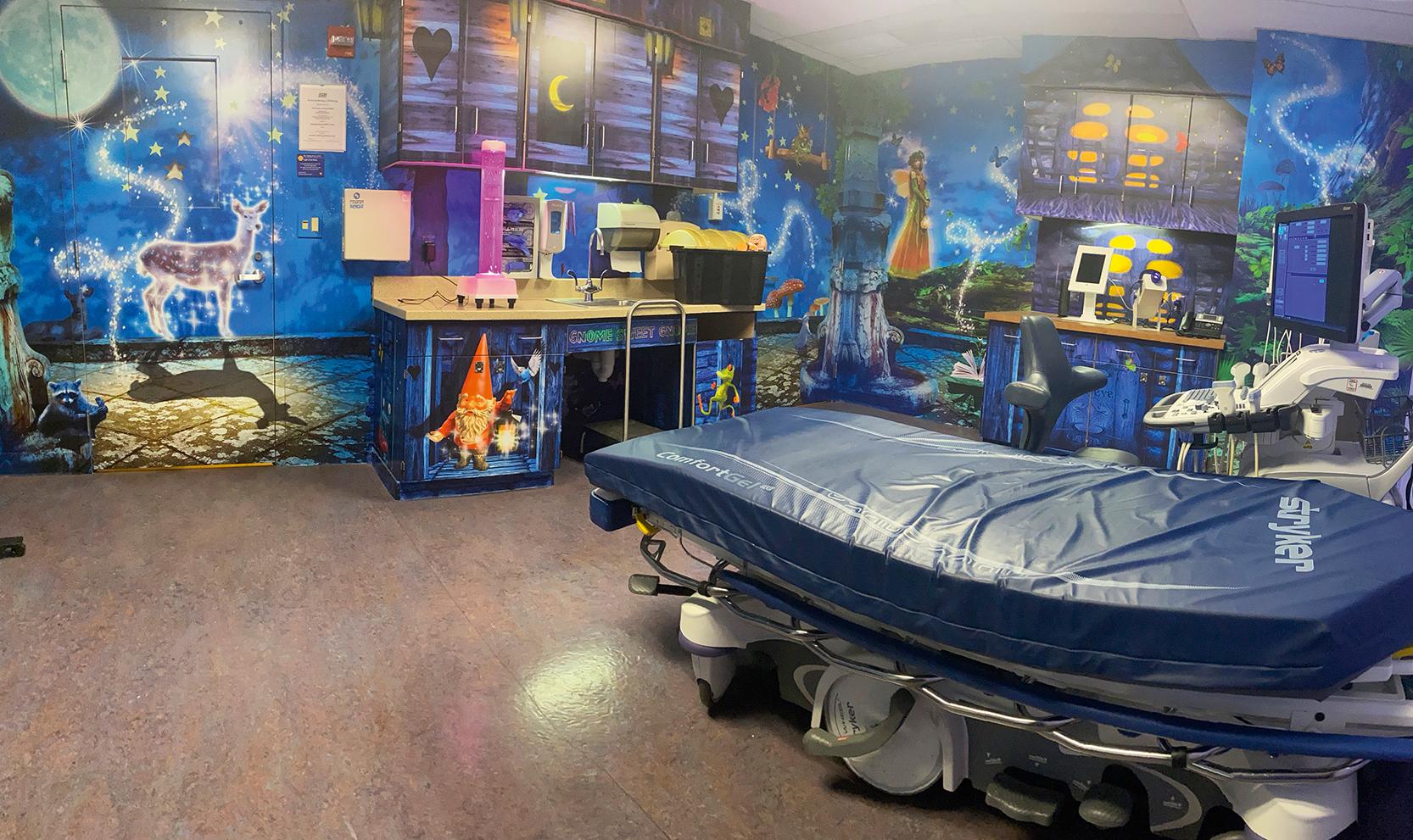 Fig. 25.2, Whimsical wall decorations, child-friendly light display, and a treasure chest of incentive toys can be found in the ultrasound examination room.