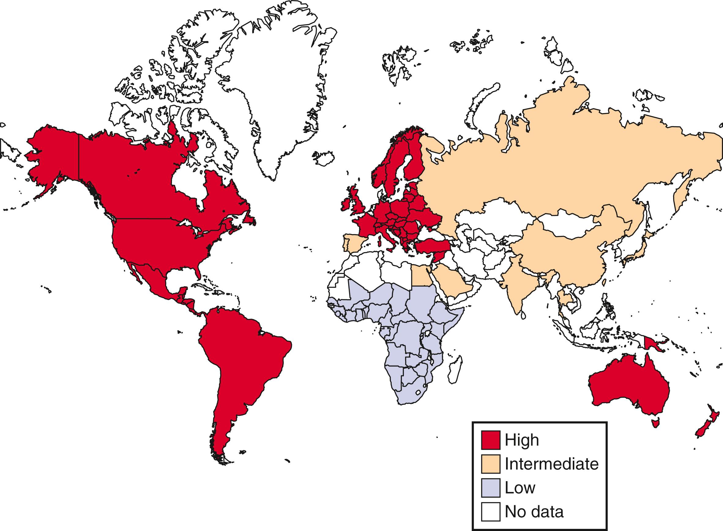 Fig. 65.2, Prevalence of cholesterol gallstones around the world.