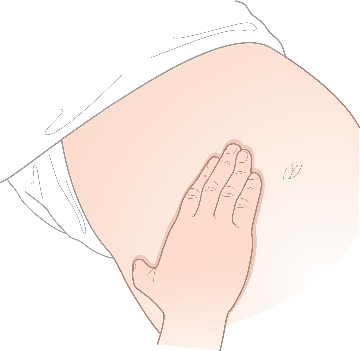 Figure 14.11, Correct method of palpation. The hand is held flat and relaxed and ‘moulded’ to the abdominal wall.