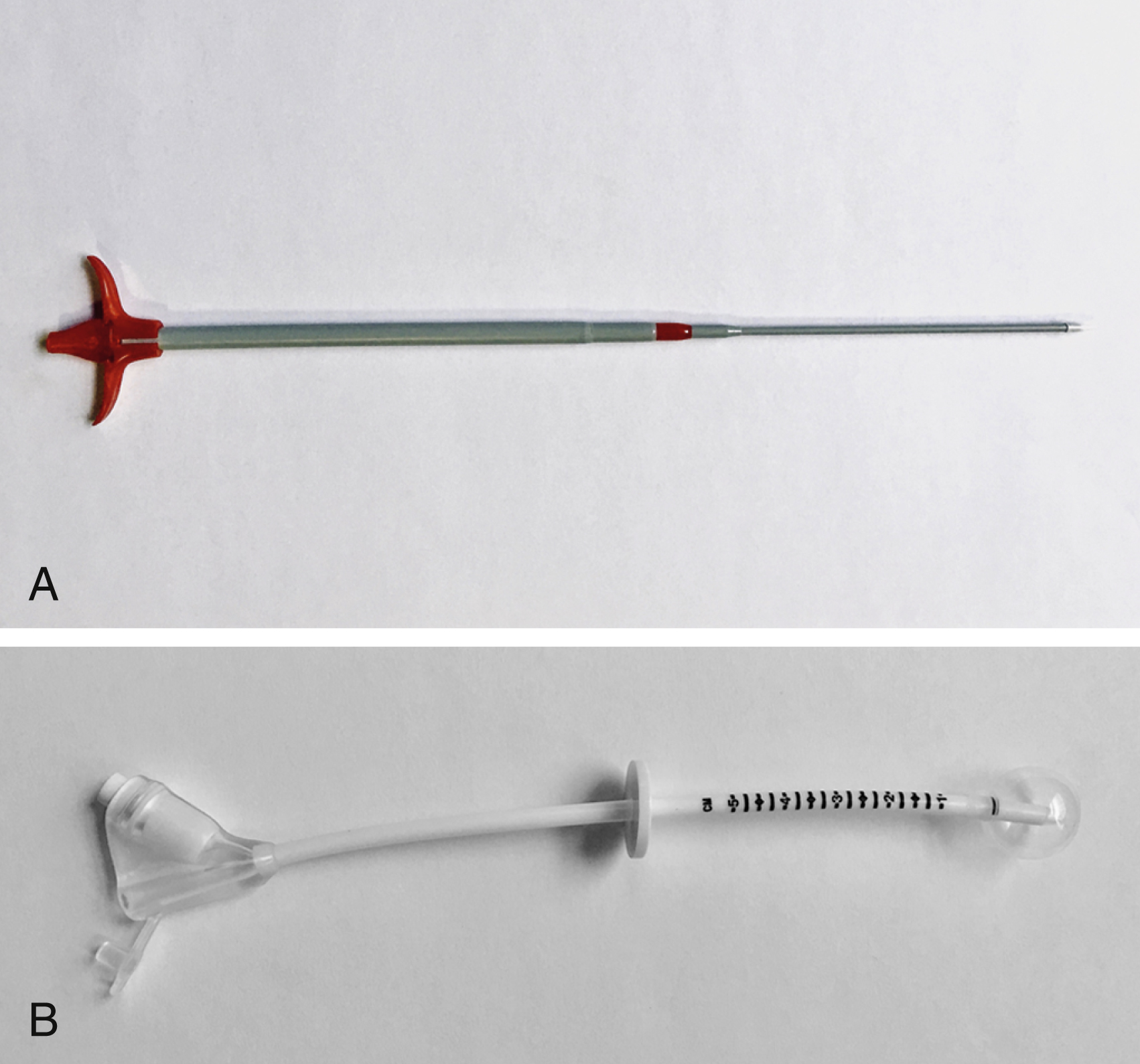 Fig. 91.4, (A) Dilation of the tract to a suitable diameter can be performed using standard vascular dilators; however, a custom-made device combining a telescopic dilator and peel-away sheath is provided in certain sets (Halyard Health, Alpharetta, GA). (B) A variety of measurement techniques can be used to measure the distance from the anterior stomach wall to the skin, such as this over-the-wire balloon measurement catheter (Halyard Health).