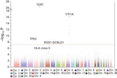 Fig. 5.5, Manhattan plot based on p values derived from 1-degree-of-freedom tests of genotype trend effect in unconditional logistic regression analysis adjusted for study, age, and three eigenvectors in a genome-wide association study of lung cancer in never-smoking Asian women (5510 with lung cancer and 4544 controls). The x-axis represents chromosome location, and the y-axis shows p values on a negative logarithmic scale. The red horizontal line represents the genome-wide significance threshold of p = 5 × 10 −8 . Labeled are two previously associated loci (TERT at 5p15.33 and TP63 at 3q28) together with three newly identified loci (VTI1A on chromosome 10 and ROS1-DCBLD1 and the HLA class II region on chromosome 6).