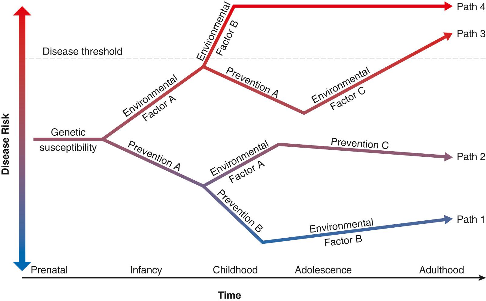 Fig. 99.2, Model for the influence of gene-environment interaction on genetic susceptibility to common diseases.