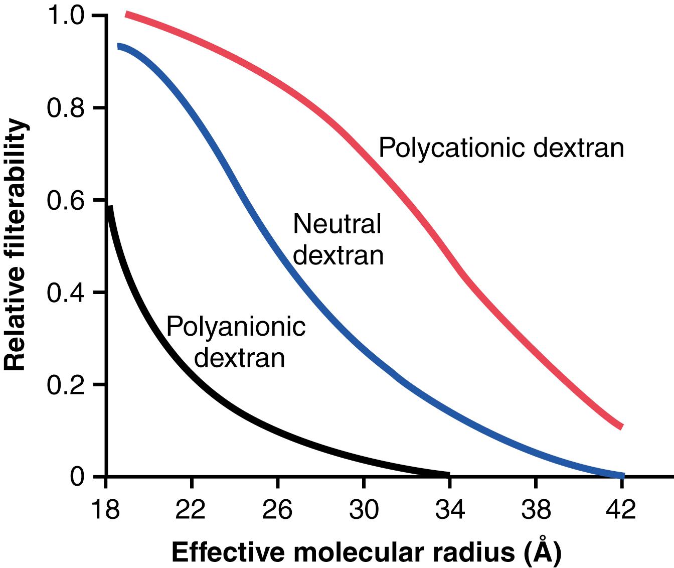 Figure 27-3, Effect of molecular radius and electrical charge of dextran on its filterability by the glomerular capillaries. A value of 1.0 indicates that the substance is filtered as freely as water, whereas a value of 0 indicates that it is not filtered. Dextrans are polysaccharides that can be manufactured as neutral molecules or with negative or positive charges and with varying molecular weights.