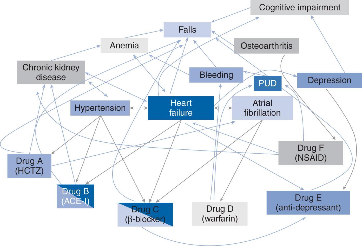 Fig. 51.1, Diseases and medications impacting one another in elderly patients with multimorbidity. ACE-I, Angiotensin-converting enzyme inhibitor; HCTZ, hydrochlorothiazide; NSAID, nonsteroidal anti-inflammatory drug; PUD, peptic ulcer disease.