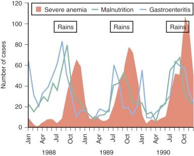 Figure 38-1, Admissions to the children's ward of a hospital in Gambia, where malaria transmission is confined to the rainy season. The incidence of severe malarial anemia corresponds to seasonal epidemics of malaria fever and cerebral malaria. Gastroenteritis and malnutrition also reach a peak incidence in the early part of the rainy season and thus contribute to the multifactorial cause of the anemia.