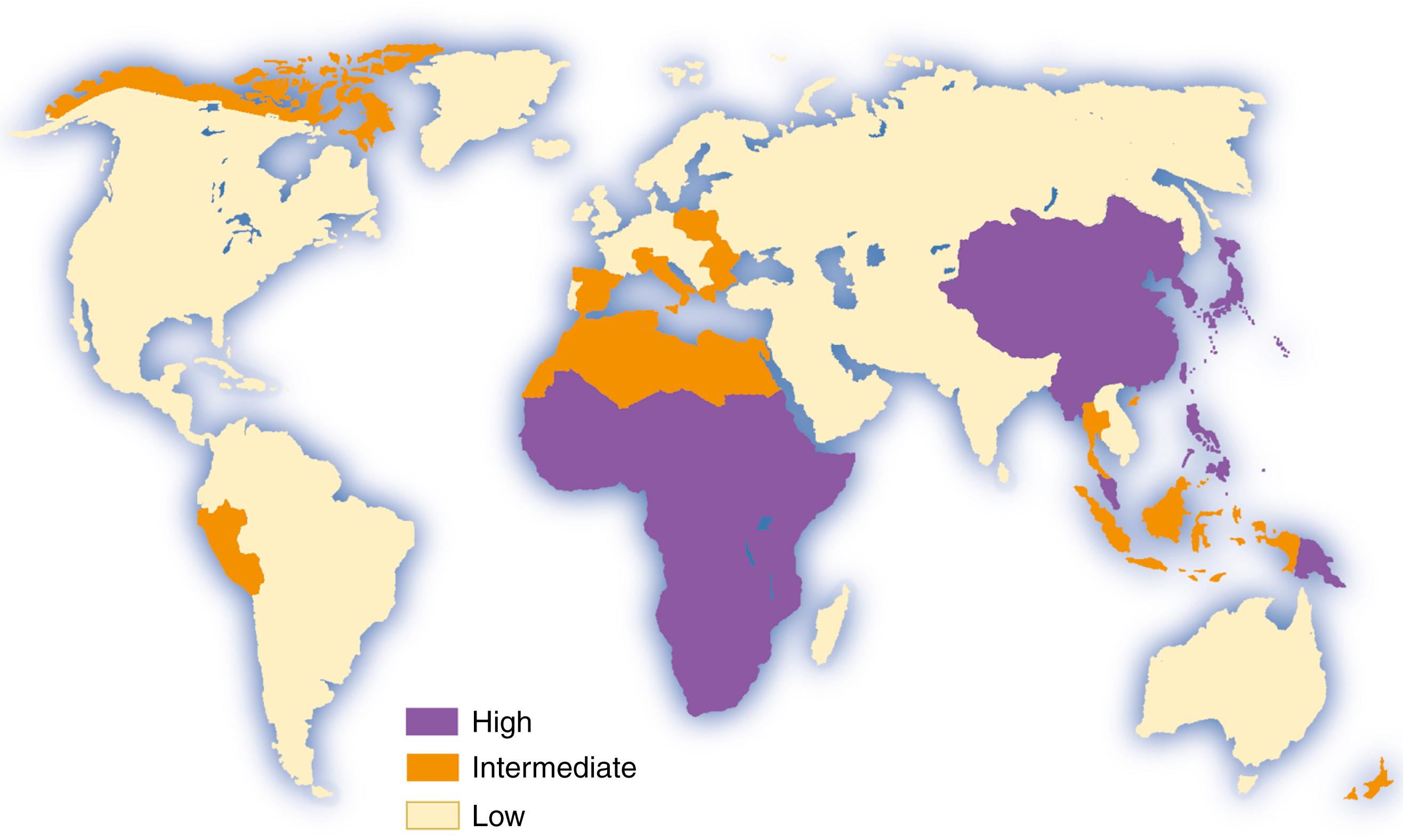 Fig. 96.1, Incidence of HCC in different parts of the world. High, age-adjusted rate of more than 15 cases/100,000 population/yr; intermediate, age-adjusted rate of 5-15 cases/100,000/yr; low, age-adjusted rate of fewer than 5 cases/100,000/yr.