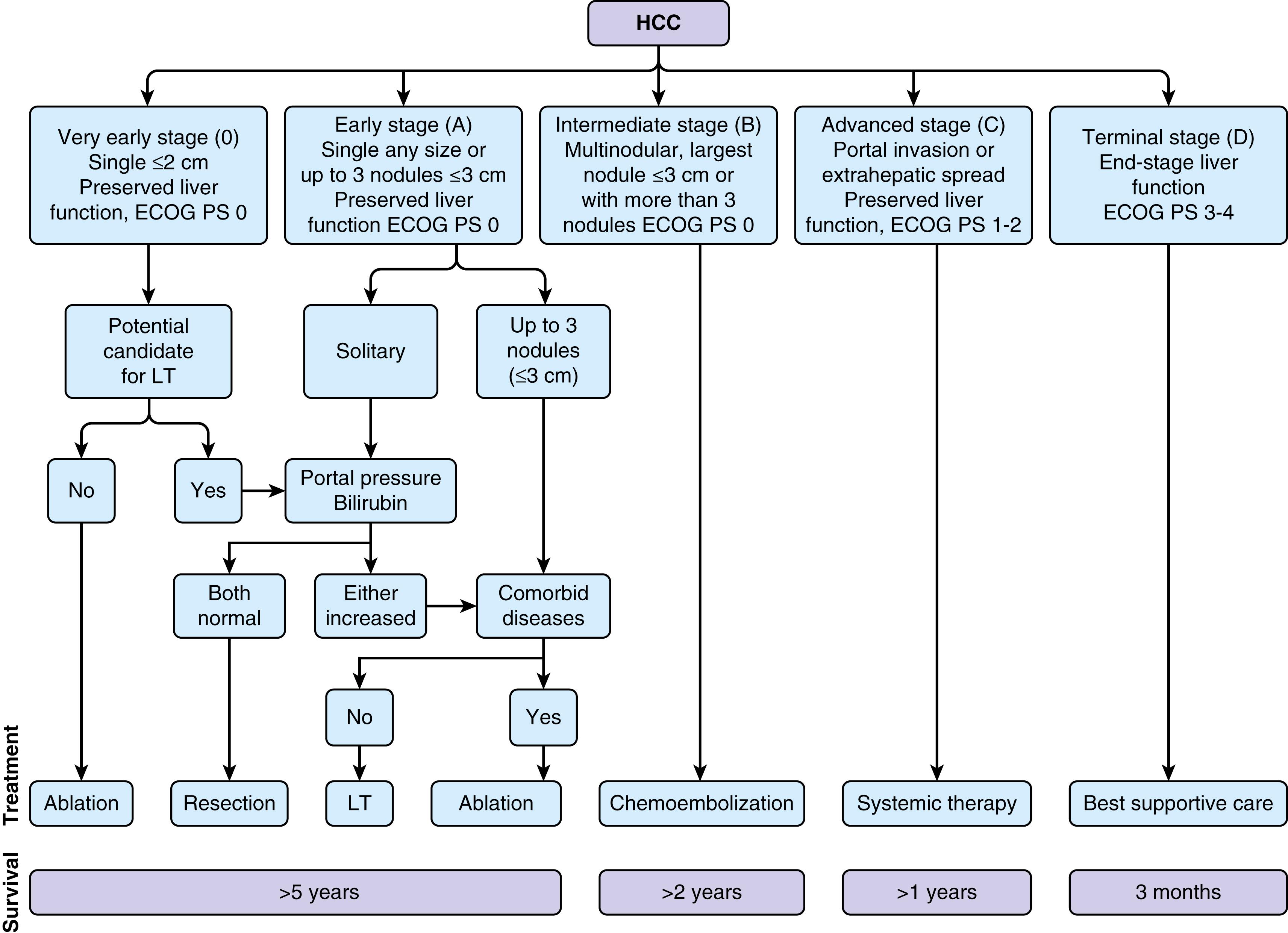 Fig. 96.4, Barcelona Clinic Liver Cancer (BCLC) staging classification and treatment schedule with associated expected survival. Staging is based on tumor size and spread, the patient’s Eastern Cooperative Oncology Group (ECOG) performance status (PS) on a scale of 0 (good) to greater than 2 (poor), and liver function as assessed by the Child-Pugh class (see Chapter 92 ). Patients with very early ( stage 0 ) HCC are optimal candidates for surgical resection. Patients with early ( stage A ) HCC are candidates for radical therapy (resection, deceased-donor LT, or live-donor LT, or local ablation via percutaneous ethanol injection or radiofrequency ablation. Patients with intermediate ( stage B ) HCC benefit from transarterial chemoembolization. Patients with advanced HCC, defined as the presence of macroscopic vascular invasion, extrahepatic spread, or cancer-related symptoms (PS 1 or 2) ( stage C ), benefit from sorafenib or lenvantanib as first-line and regorafenib or nivolumab as second-line therapy. Patients with end-stage disease ( stage D ) should receive symptomatic treatment. The treatment strategy will transition from one stage to another when treatment fails or is contraindicated.