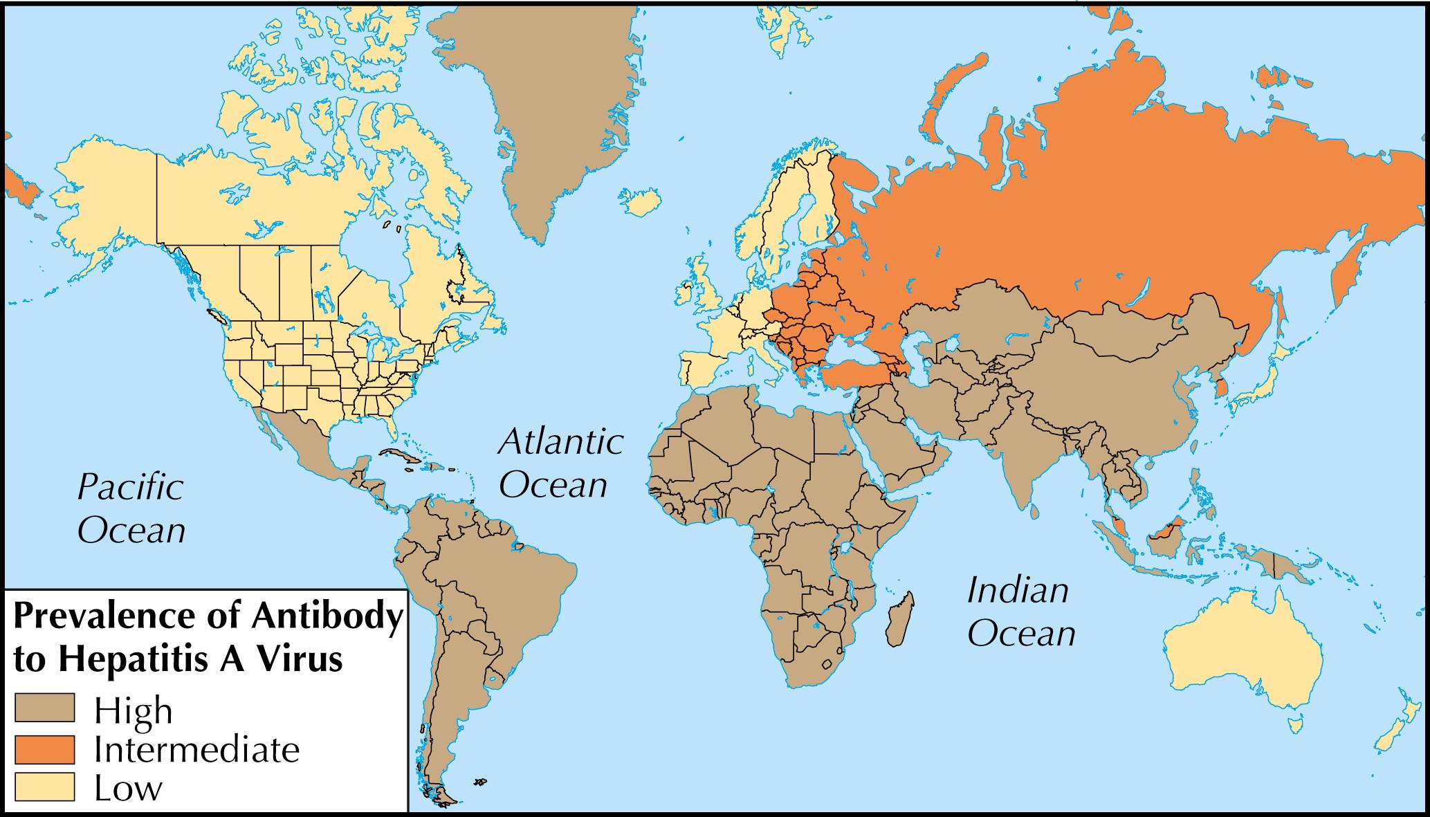 Fig. 68.1, Prevalence of antibody to hepatitis A virus.