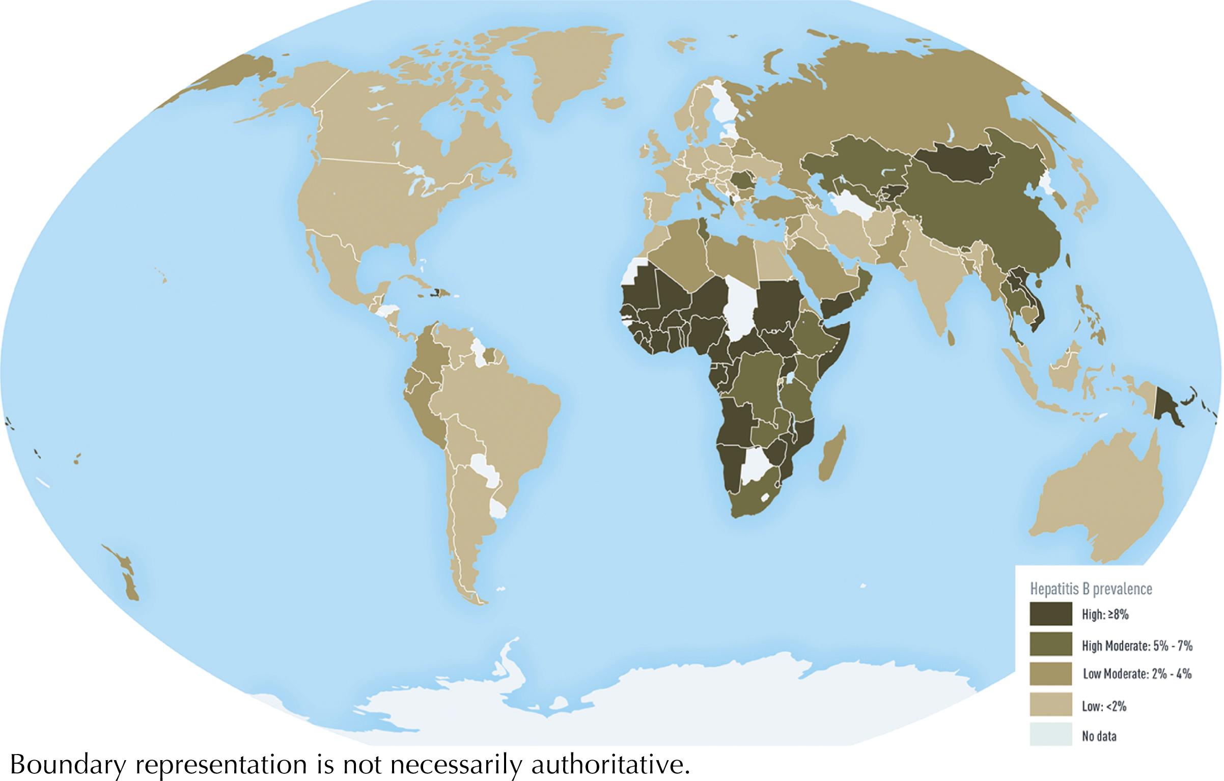 Fig. 68.3, Prevalence of chronic infection with hepatitis B virus.