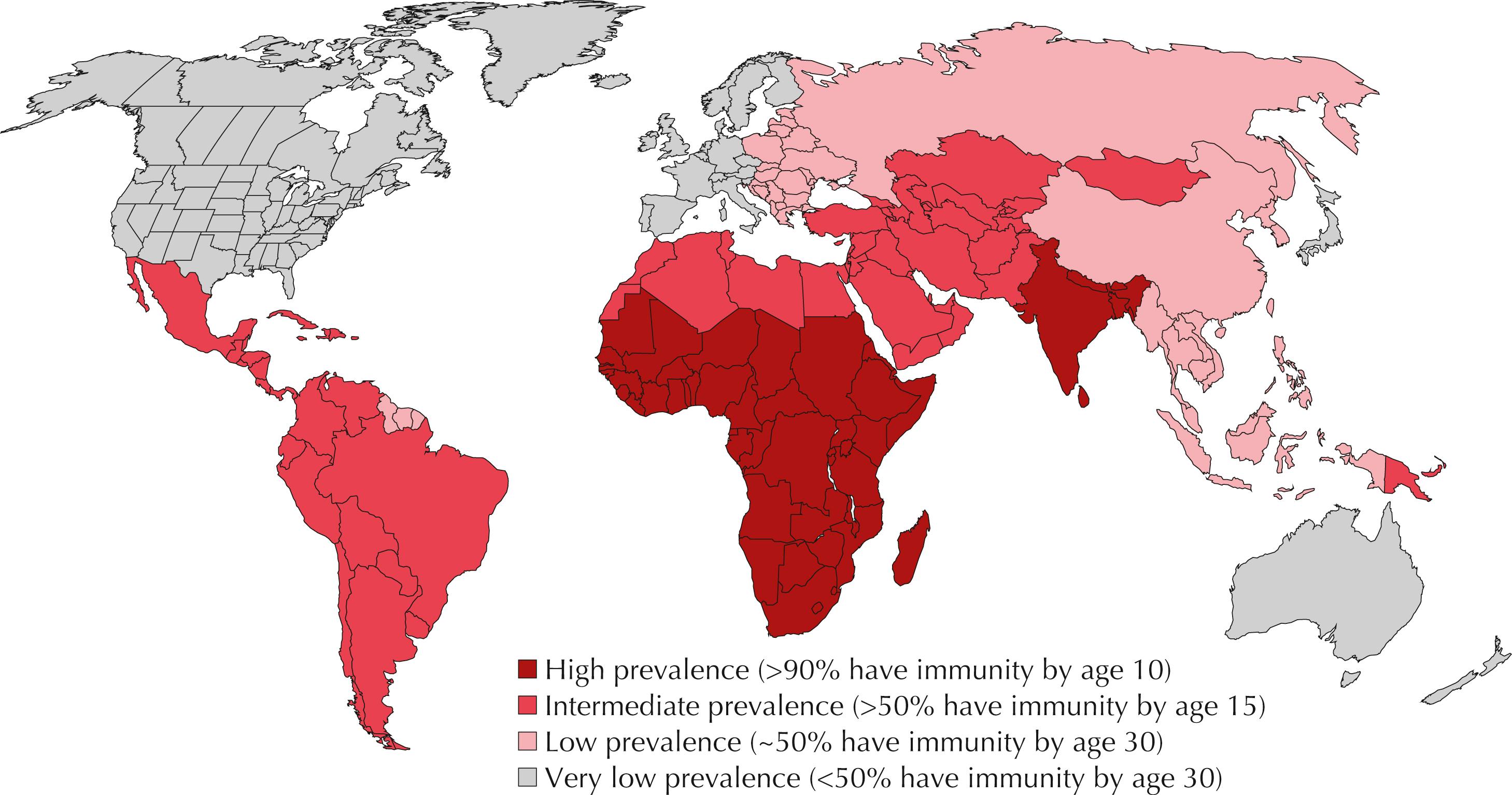 Fig. 14.1, Global distribution of hepatitis A.