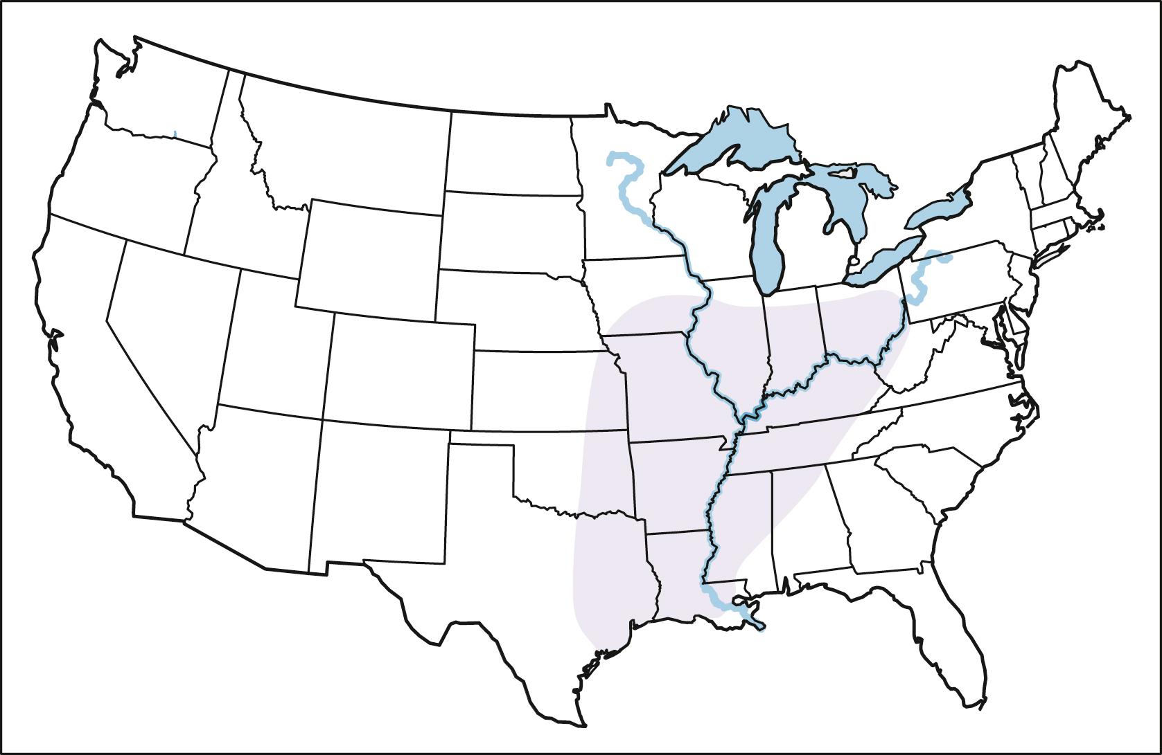 Figure 250.2, US map showing the most highly endemic regions for Histoplasma capsulatum, the Ohio and Mississippi river valleys.