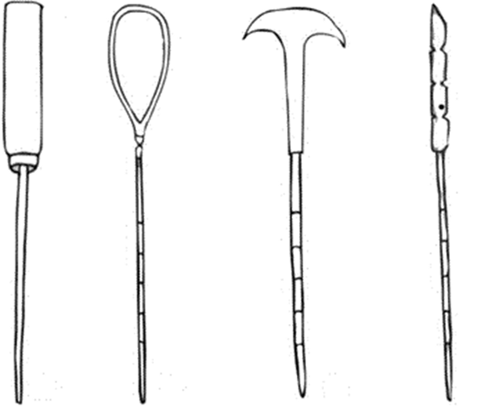 Figure 120.2, Artistic renditions of instruments used for the transorbital leukotomy procedure.