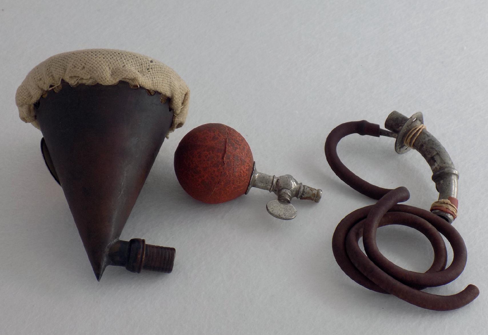 Fig. 17.8, Trendelenburg cone and cannula. The cuff on the cannula has perished. (Courtesy Geoffrey Kaye Museum of Anaesthetic History, Melbourne, Victoria, Australia.)