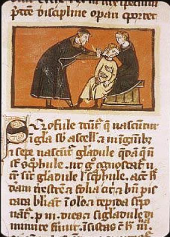 Fig. 1.1, The assistant holds the patient as the surgeon cuts scrofula (goiter) from the patient’s neck. Rogerius Salernitanus (Ruggero Frugardo): Chirurgia (1180).