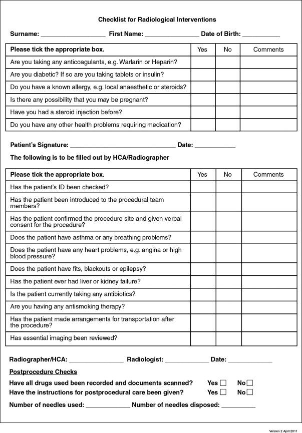 Figure 1.1, CHECKLIST FOR RADIOLOGICAL INTERVENTIONS.