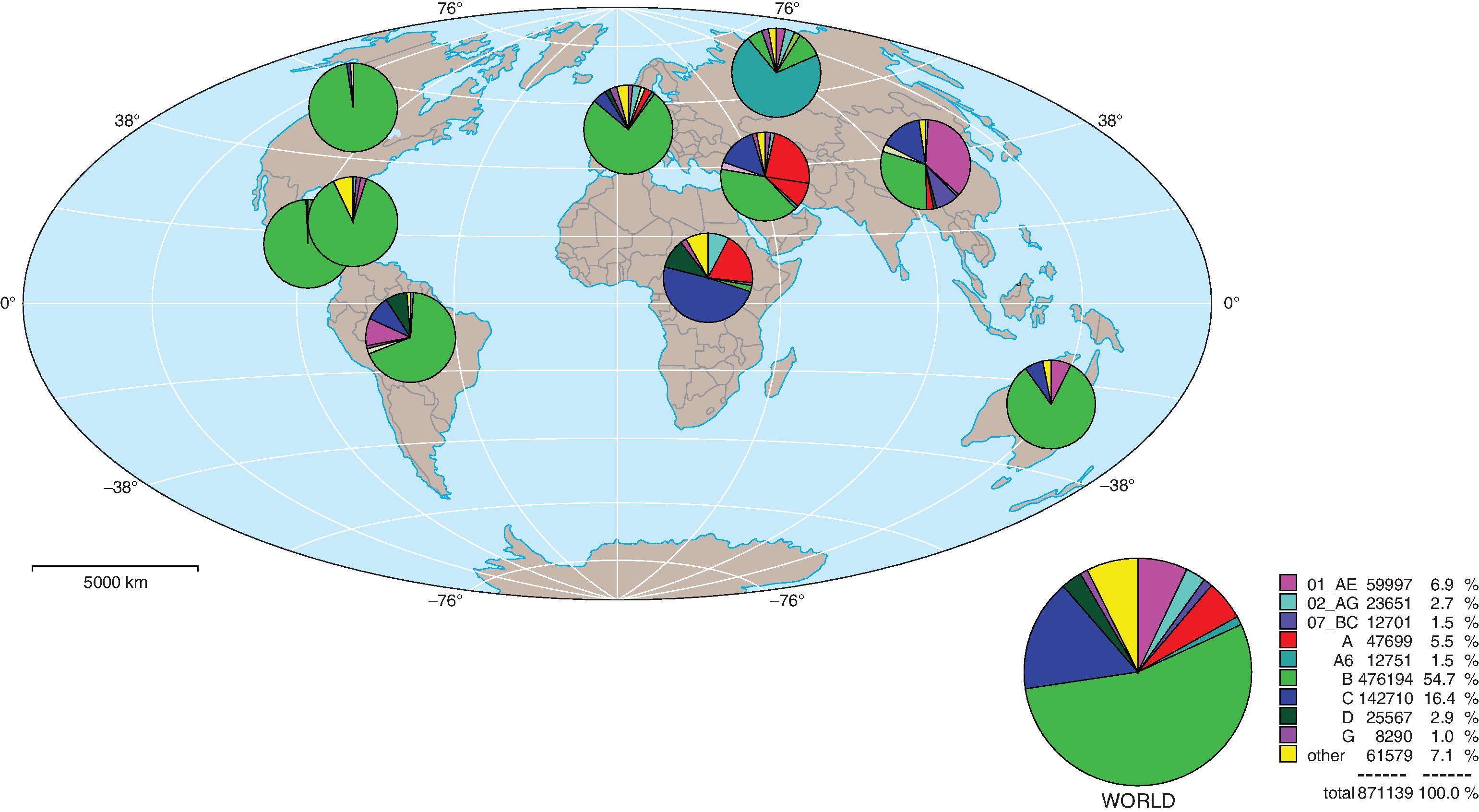 Fig. 31.3, Global distribution of HIV-1 variants, 2021. While HIV-1 clade B is the most common variant in the United States, Europe and globally, clade C is most common in South Africa. However, HIV-1 continues to rapidly evolve making targeting the most conserved CD8 and CD4 T-cell epitopes and B cell neutralizing epitopes a central goal of HIV-1 vaccine development. (Material provided courtesy of Los Alamos National Laboratory.)