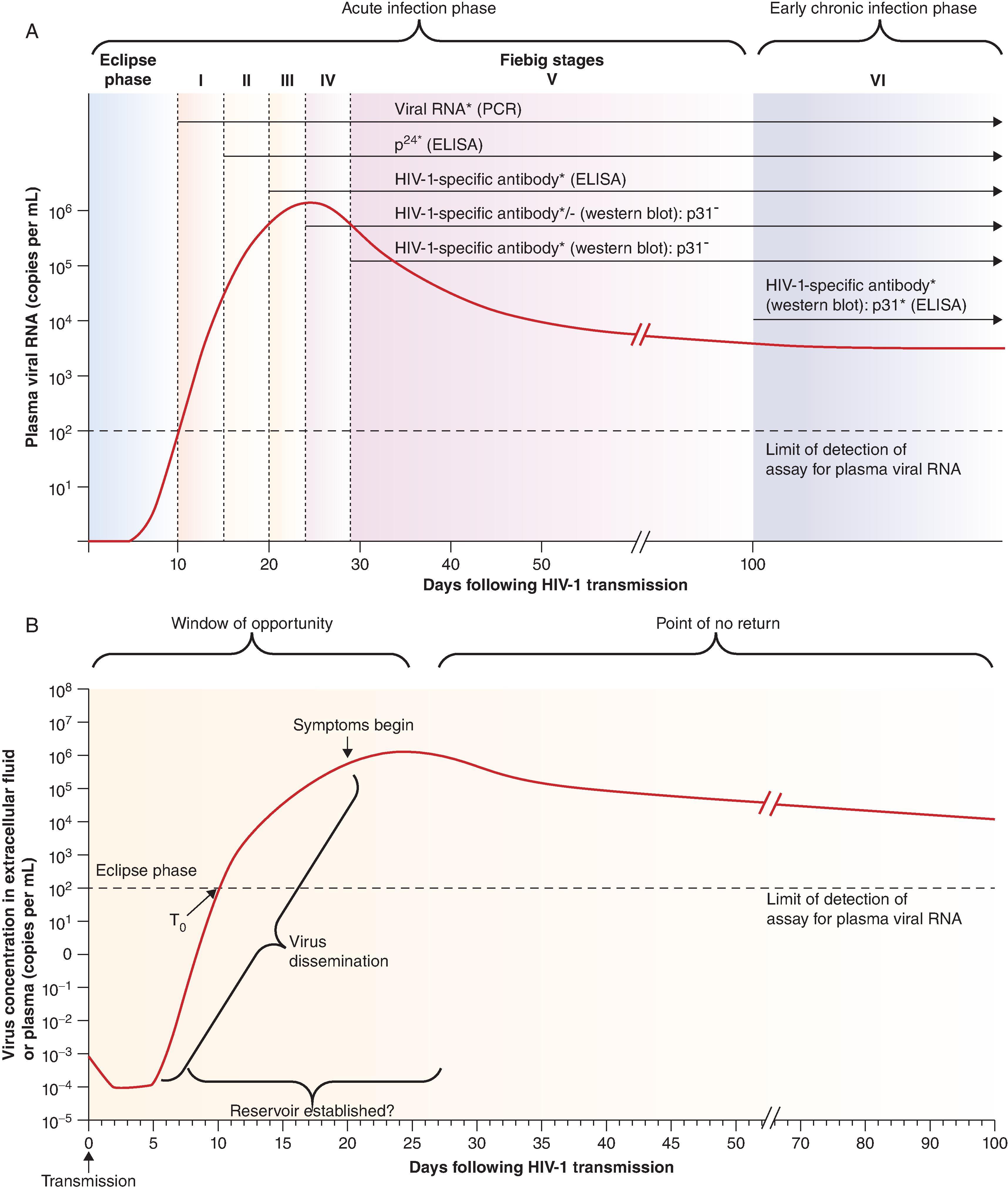 Fig. 31.6, Time course and event in acute HIV-1 infection. (A) shows events and measurements that define the Fiebig stages of acute HIV-1 infection. (B) shows the events including the eclipse phase, peak in viral load, and establishment of the full virus reservoir—all events that make it difficult for a vaccine to fully protect against HIV-1 transmission. (From Cohen MS, Shaw GM, McMichael AJ, Haynes BF. Acute HIV-1 infection. N Engl J Med . 2011;364:1943–1954.)