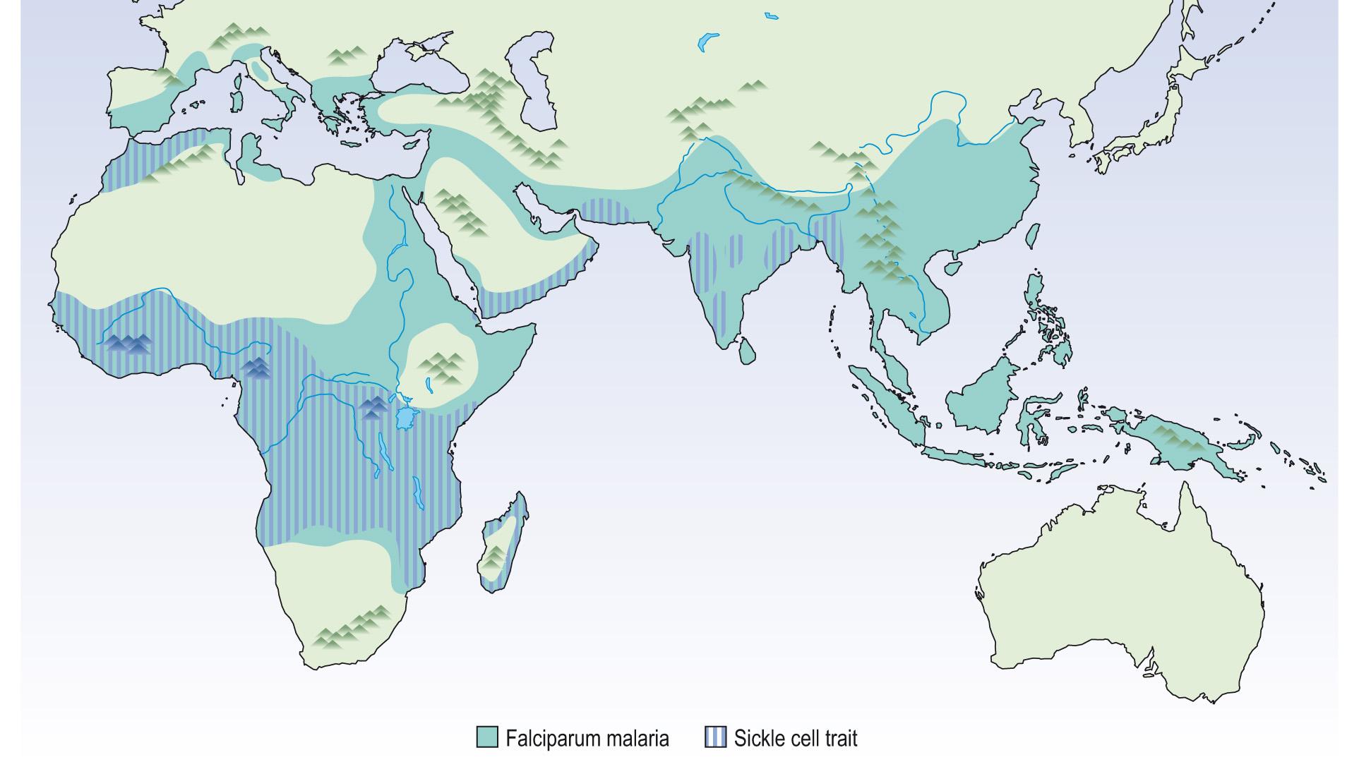 Fig. 5.16, Map of the Old World showing regions where Plasmodium falciparum malaria and sickle cell trait are prevalent.