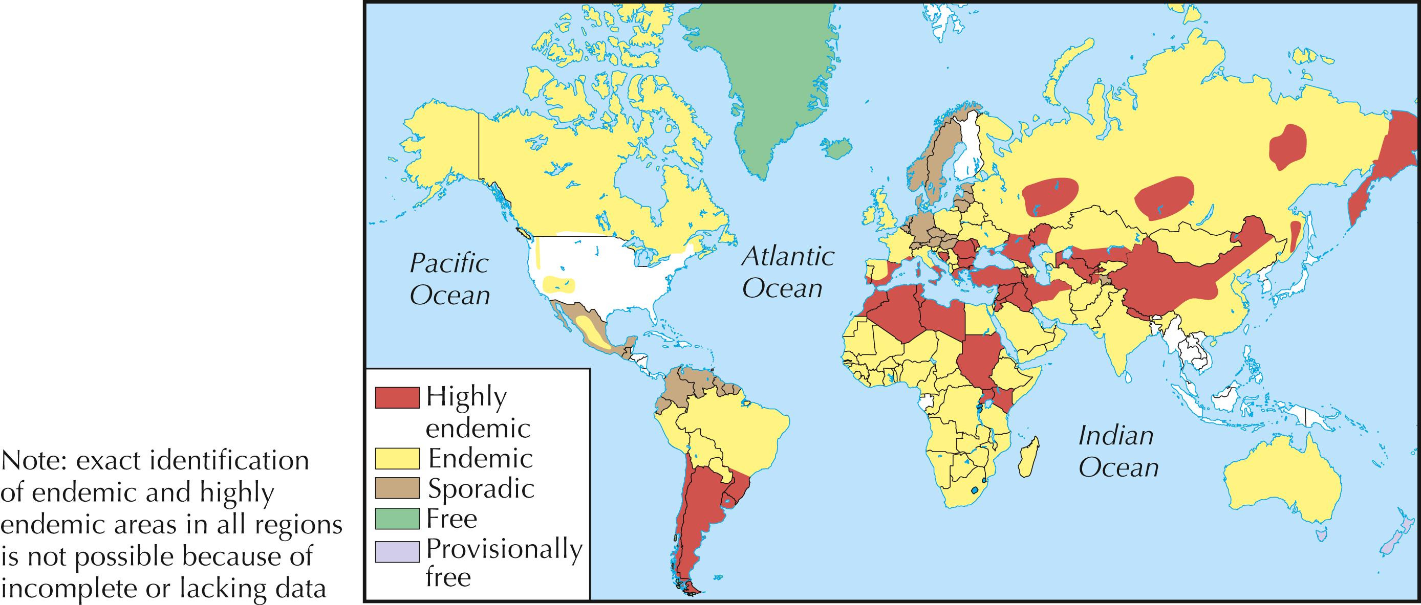 Fig. 45.5, Approximate geographic distribution of Echinococcus granulosus (1999).