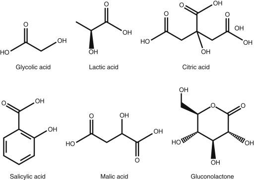 Fig. 52.1, Chemical structure of various α-hydroxy acid, polyhydroxy acid, and β-hydroxy acid compounds.