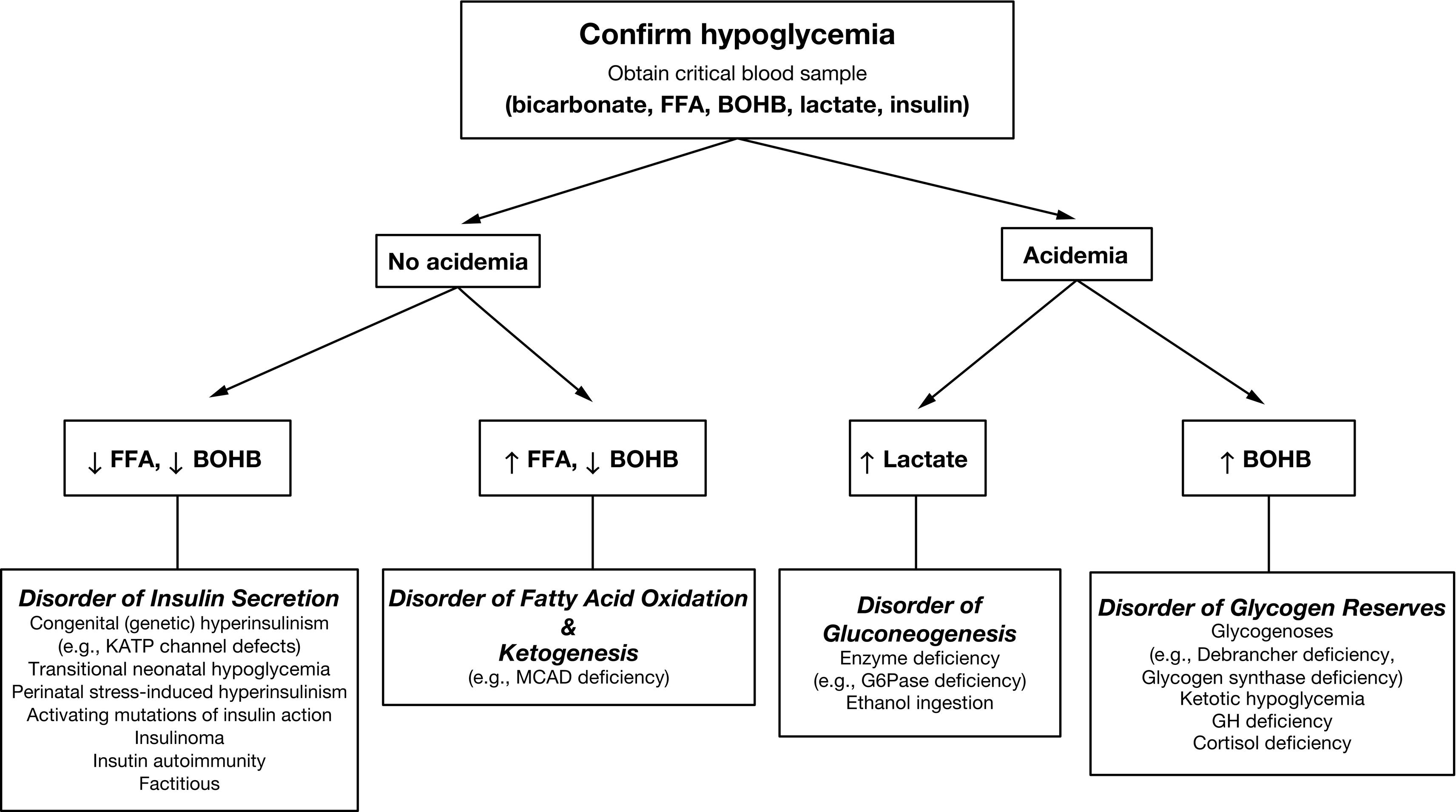 Fig. 23.6, An algorithmic approach to hypoglycemia. BOHB , Beta-hydroxybutyrate; FFA, free fatty acids; G-6-Pase, glucose 6-phosphatase; GH, growth hormone; MCAD , medium chain acylCoA dehydrogenase.