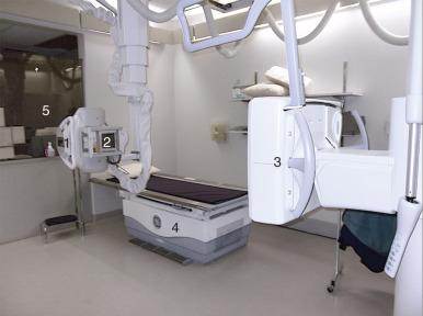 Fig. 7.1, Equipment in a general digital radiography room. 1, X-ray tube; 2, collimator; 3, wall-mounted flat panel detector; 4, table detector; 5, operator console behind a glass screen.