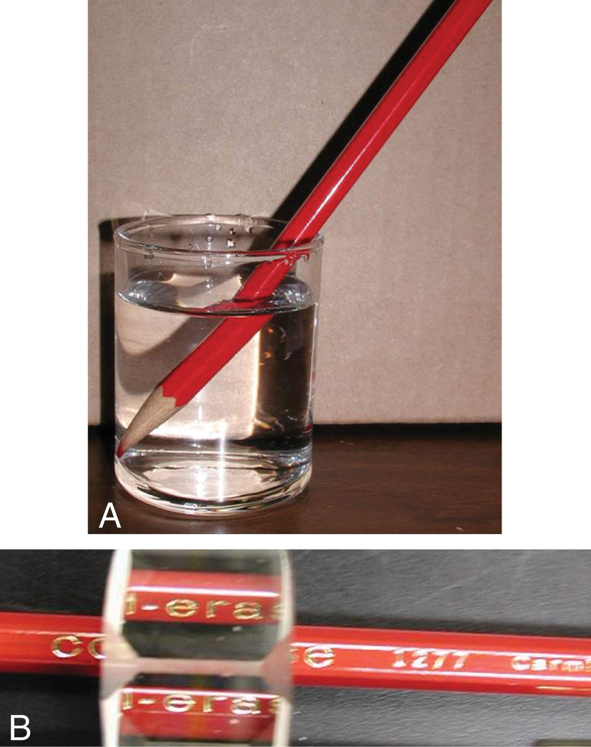 Fig. 7.8, (A) A pencil in water appears to be broken. (B) A pencil beneath a prism appears to be split into two.