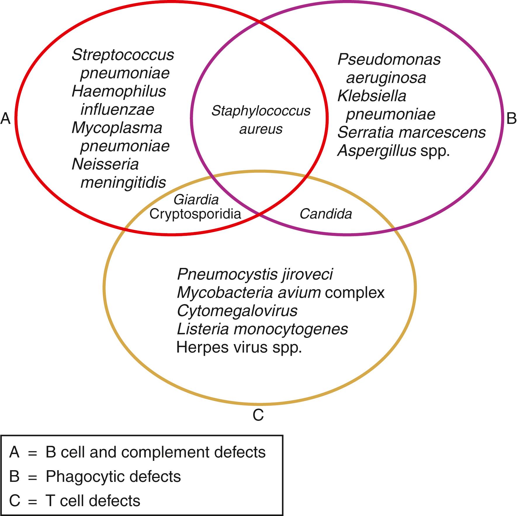 Figure 52.1, Infections associated with cellular immune defects.